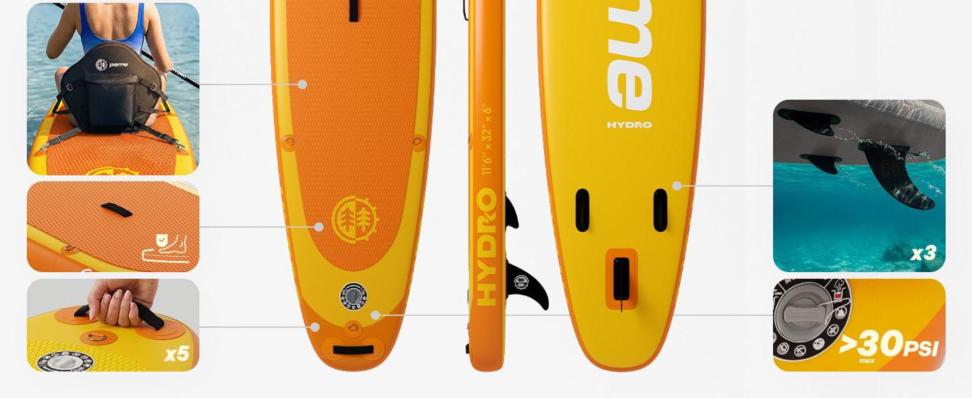 PEME Stand Up Paddle Board - Bright Sun - 350 cm - Dopple Paddel und komplette Zubehöre, SUP, Surfboard aufblasbar, bis 166 Kg,- Gelb & Orange