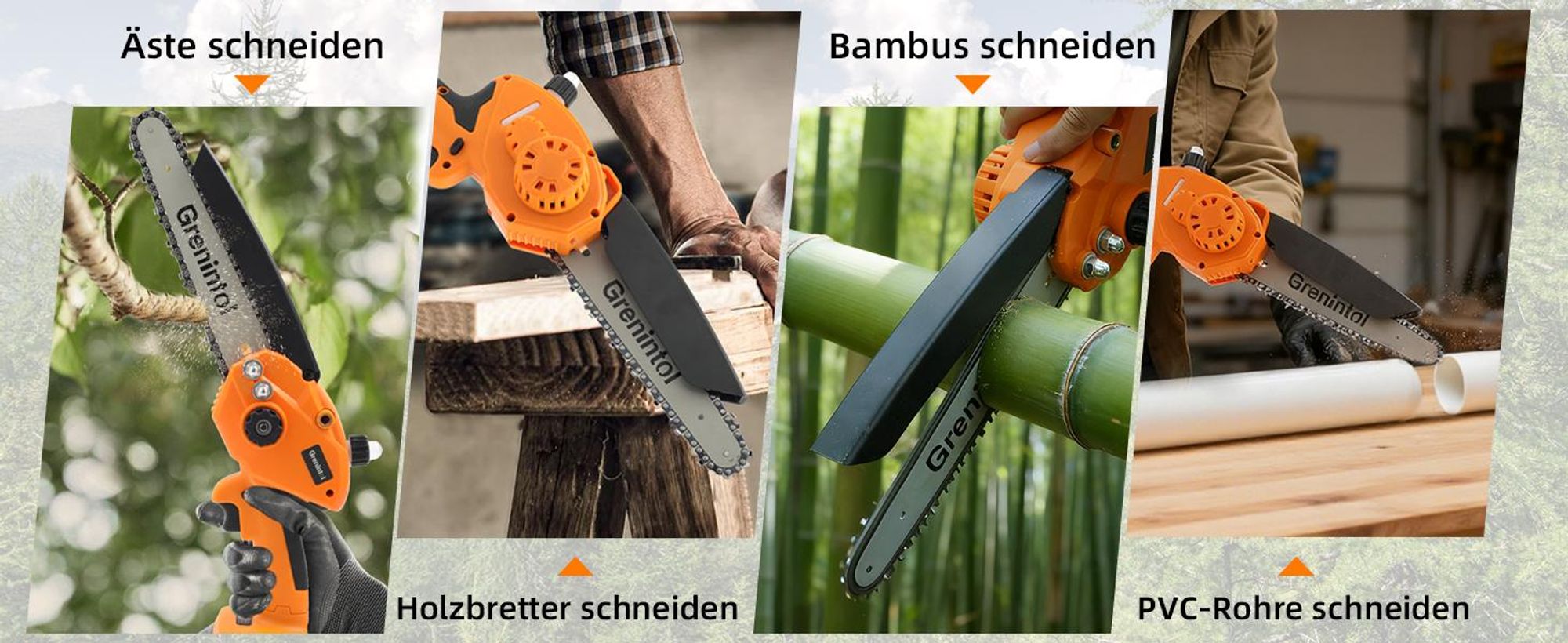 Grenintol 8 Zoll Akku-Kettensäge, 1000 W Mini Kettensäge mit 2 × 3000 mAh Akkus, Astsäge, Akku Motorsäge, Einhand-Kettensäge für Äste, Garten und Holz