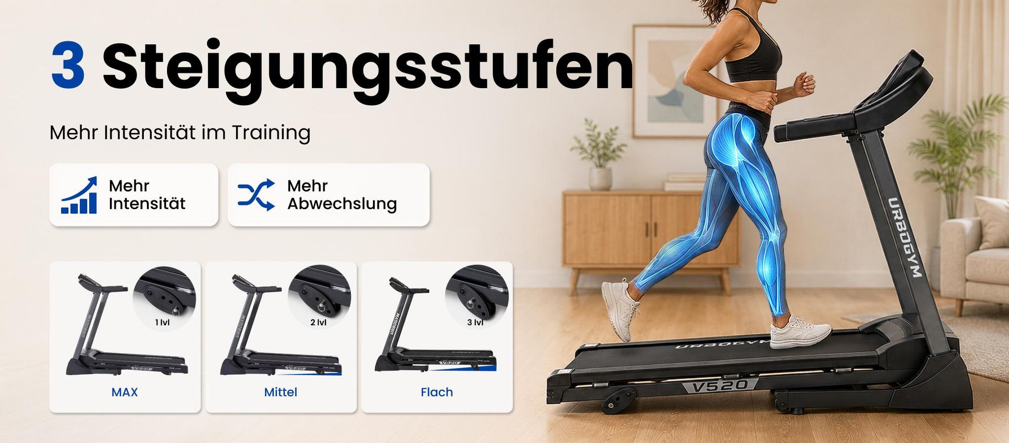 URBOGYM V520 Laufband klappbar bis 15 km/h, 1,5 PS, 12 Programme, 3 Steigungsstufen, Bluetooth, bis 130 kg