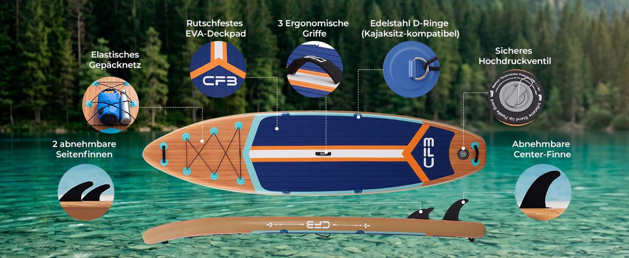 CFB Stand Up Paddle Board 335 mit 86 cm Standfläche, Bis zu 200kg, SUP Board mit Paddel, Pumpe, Rucksack, aufblasbares iSUP Set für Anfänger&Familien
