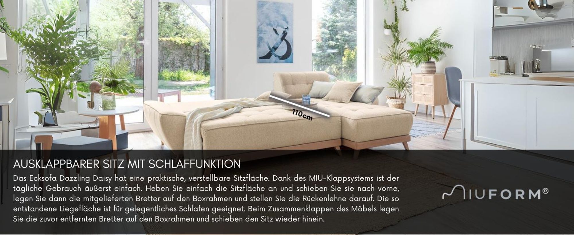 MIUFORM Dazzling Daisy - Ecksofa mit Bettfunktion und Bettkasten Sofa mit seitenverkehrt montierbarer Chaiselongue - 260x164cm - Türkis - Sofa Schlafsofa Couch