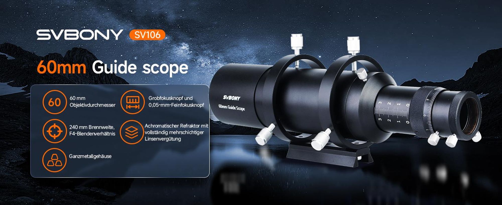 Svbony SV106 Teleskop Guiders, 60mm FMC Teleskope Sucher mit 240mm Brennweite Helical Fokussiergerät, Sucherfernrohre Teleskop Zubehör für Teleskop Astrokamera Autoguide Astrofotografie