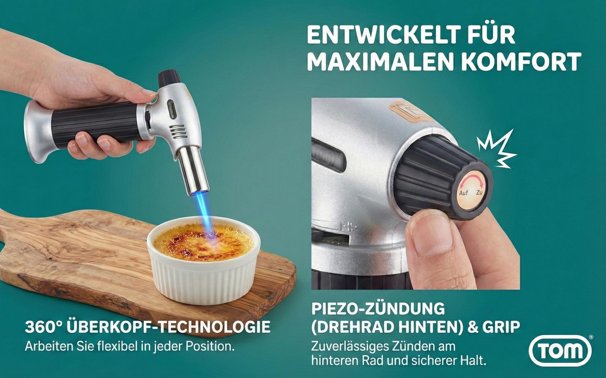 Flambierbrenner Crème Brulée Brenner Küchenbrenner Set | mit 1 x 100ml Gas Kartusche | 1300°C | Piezozündung Flambierer Gasbrenner TOM GB-400