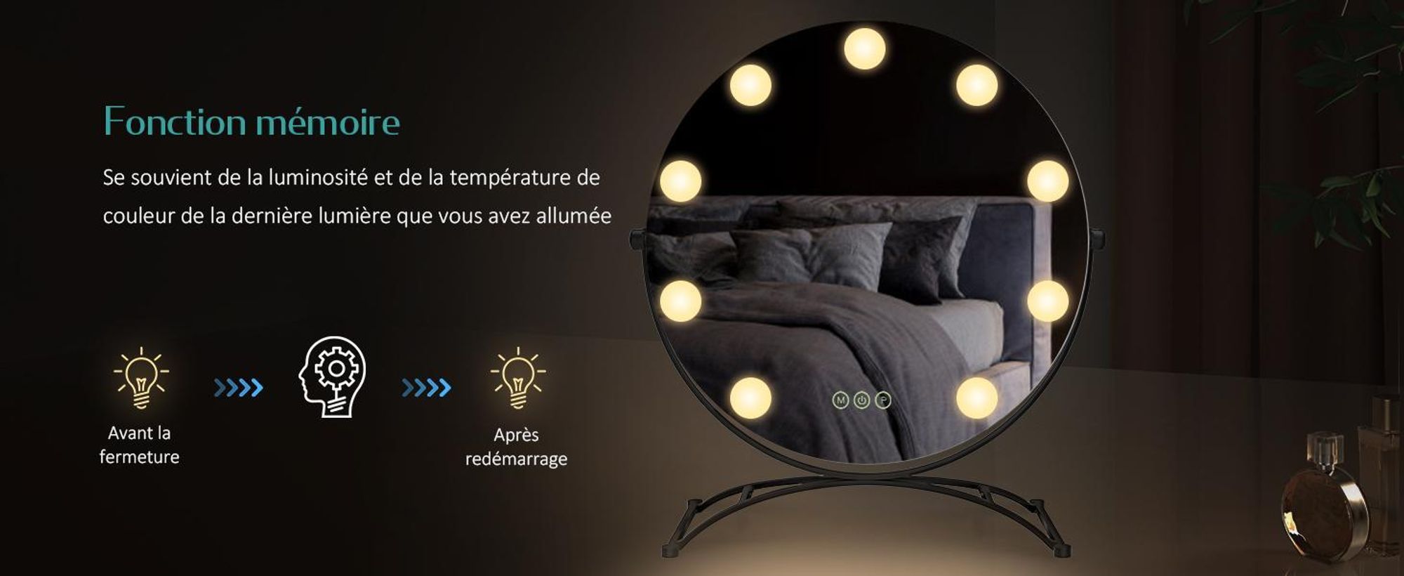 Miroir cosmétique EMKE Hollywood 58 x 50 cm Miroir de maquillage rond avec éclairage LED et grossissement 7x, 3 couleurs de lumière réglables, noir