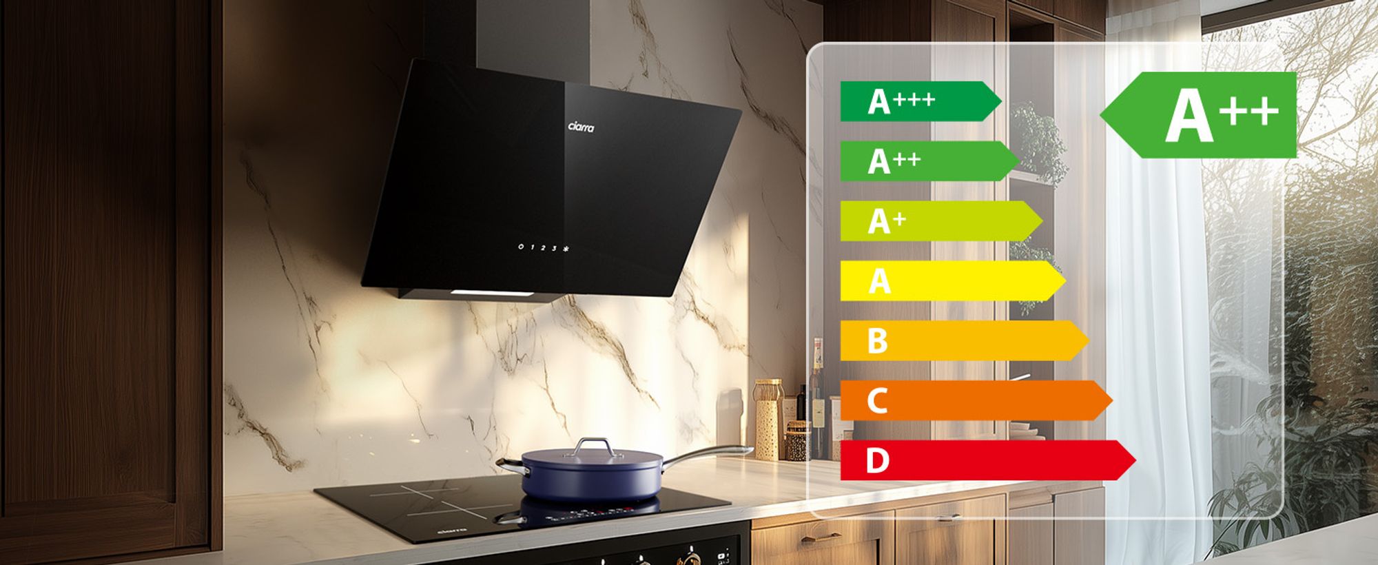 CIARRA A++ Dunstabzugshaube 60cm Kopffreihaube 350 m³/h Kopffreie Schräghaube Wandmontage Abzugshaube SensorTouch VMB6750C