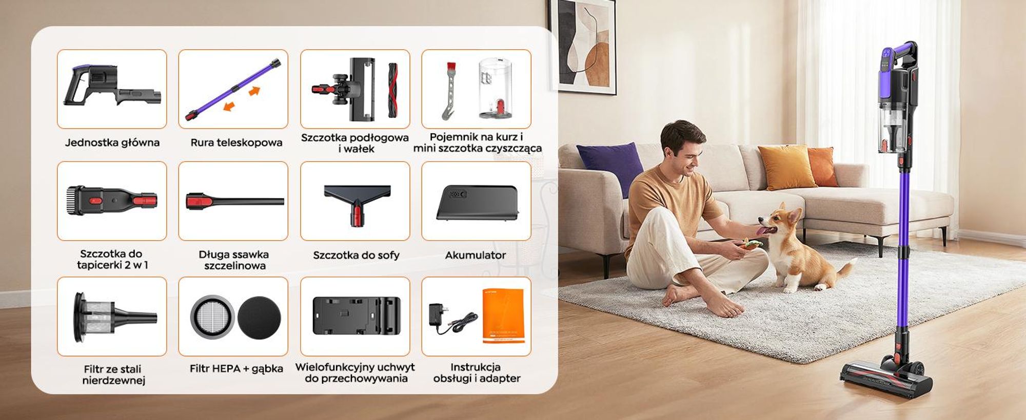 Buture VC100 Odkurzacz bezprzewodowy , odkurzacz bezprzewodowy 500W/45000pa z ekranem dotykowym, czas pracy do 55 minut
