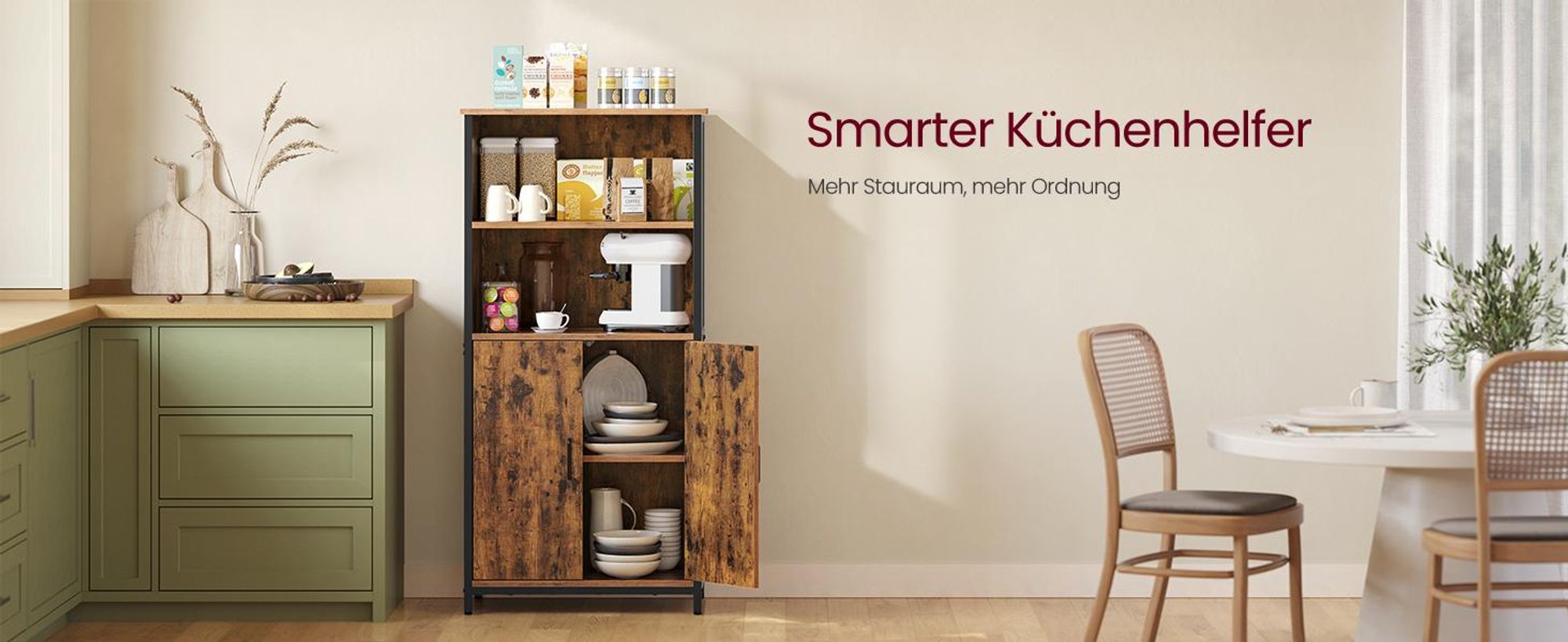 VASAGLE Highboard Küchenschrank, verstellbare Regalebene, 2 offenen Fächern