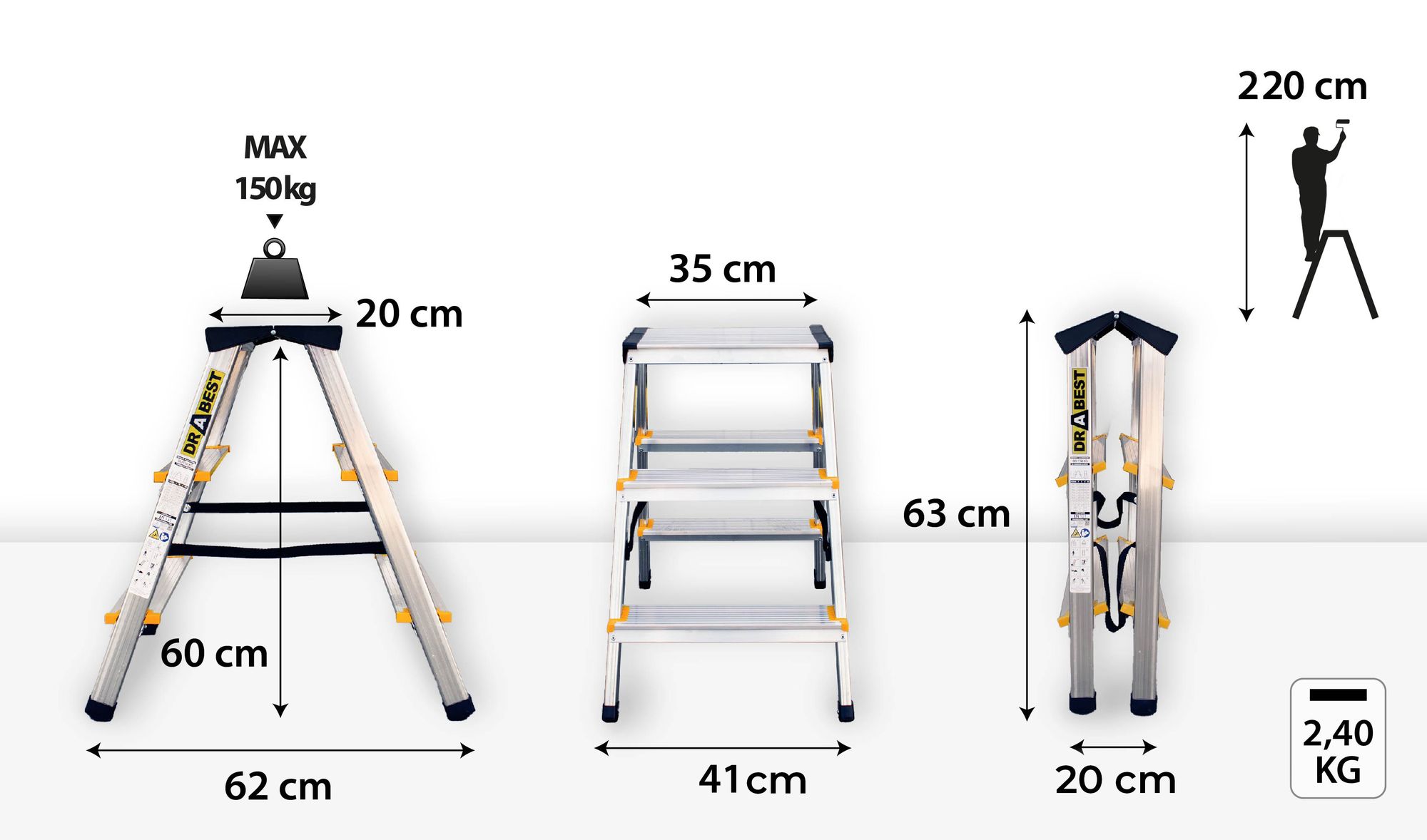 Drabest | Aluminium-Trittleiter 3 Stufen - Klappbar - Antirutsch - 150 kg Tragkraft - Vielseitig einsetzbar
