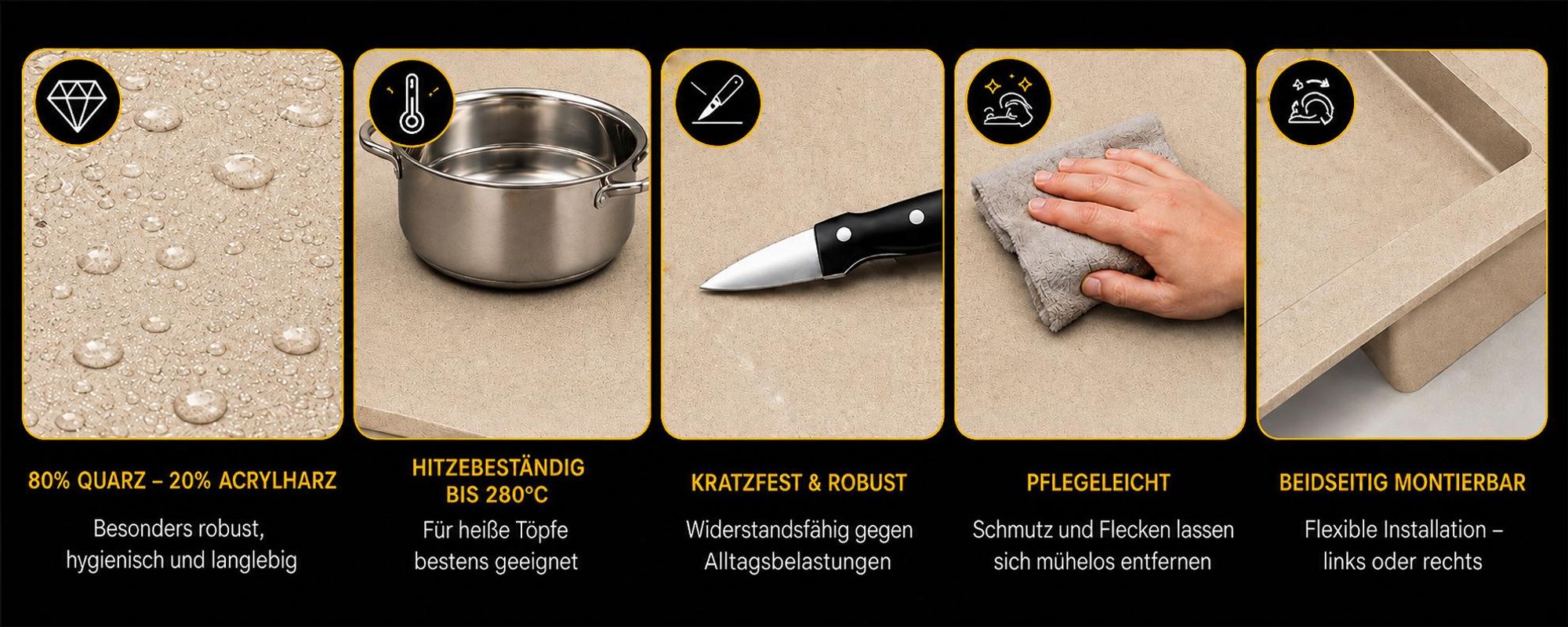 Granitspüle 90x50 cm mit Siphon & Drehexzenter, für 45 cm Schränke, Granitspülen:Beige