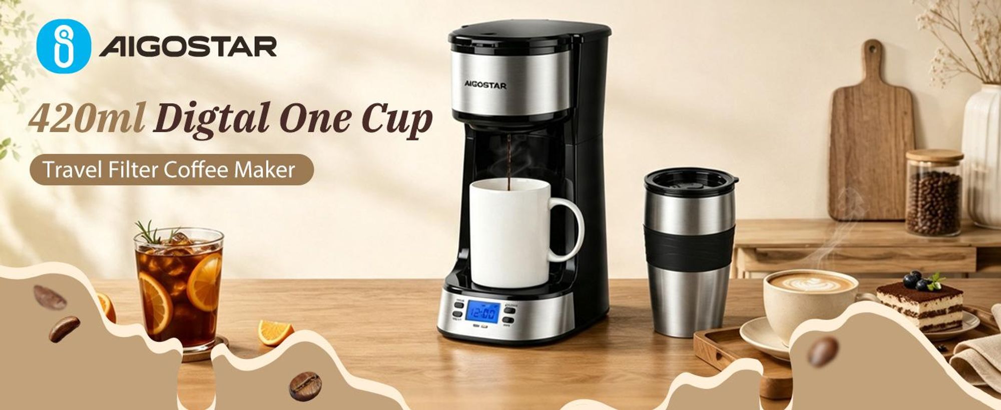 Aigostar - 420 ml Filterkaffeemaschine Mit 24h-Timer, Kaffeemaschine mit Thermobecher, , LCD-Anzeige