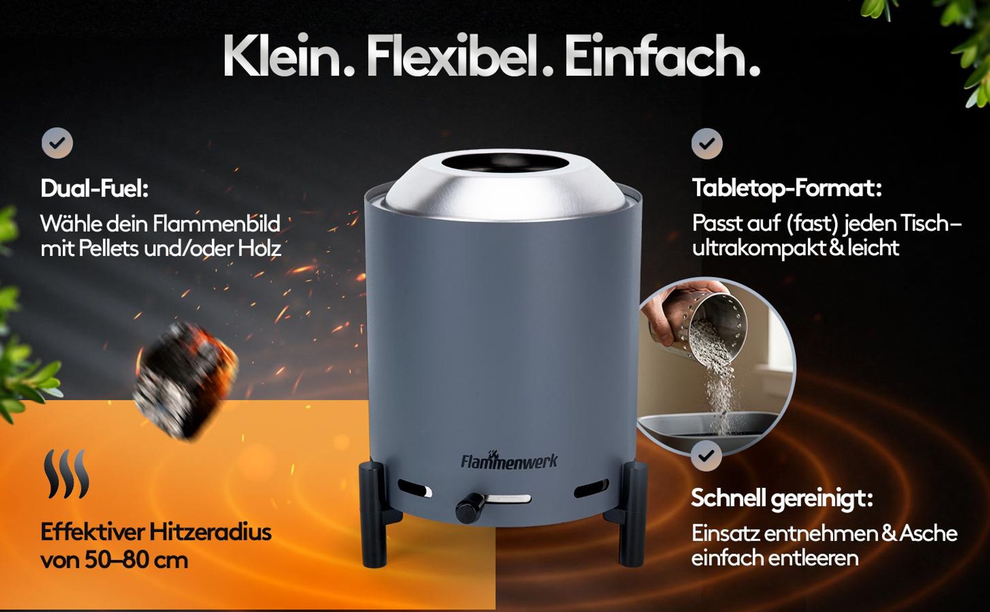 Raucharmes Tischfeuer, Tischkamin Outdoor für Pellets & Holz – Outdoor-Tischfeuer 360° Luftregulierung– Perfekt für Balkon, Terrasse & Camping