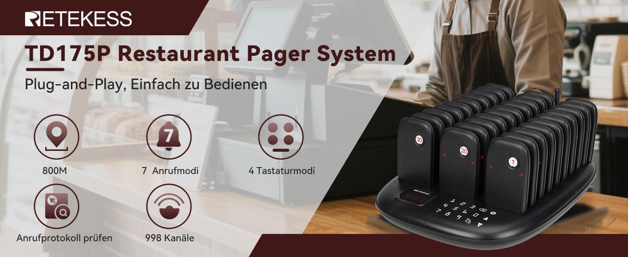 Retekess TD175P Restaurant Pager System, 30Pagers, 800M Pager Rufsystem, 7 Rufmod, 15H, Pager Pieper für Food Court, Hotel, Café, Bar, walkie talkie