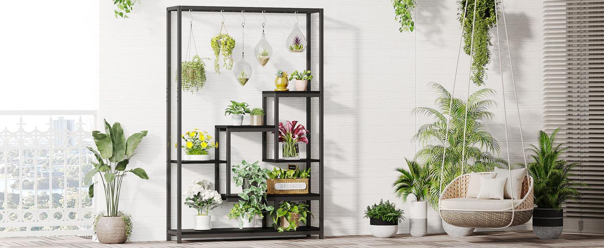 Tribesigns Blumenständer, 5 Ebenen Pflanzenregal mit 10 S-Haken, 180cm Hoch Pflanzenständer Metall Blumenregal für Indoor Balkon Boden (Schwarz)