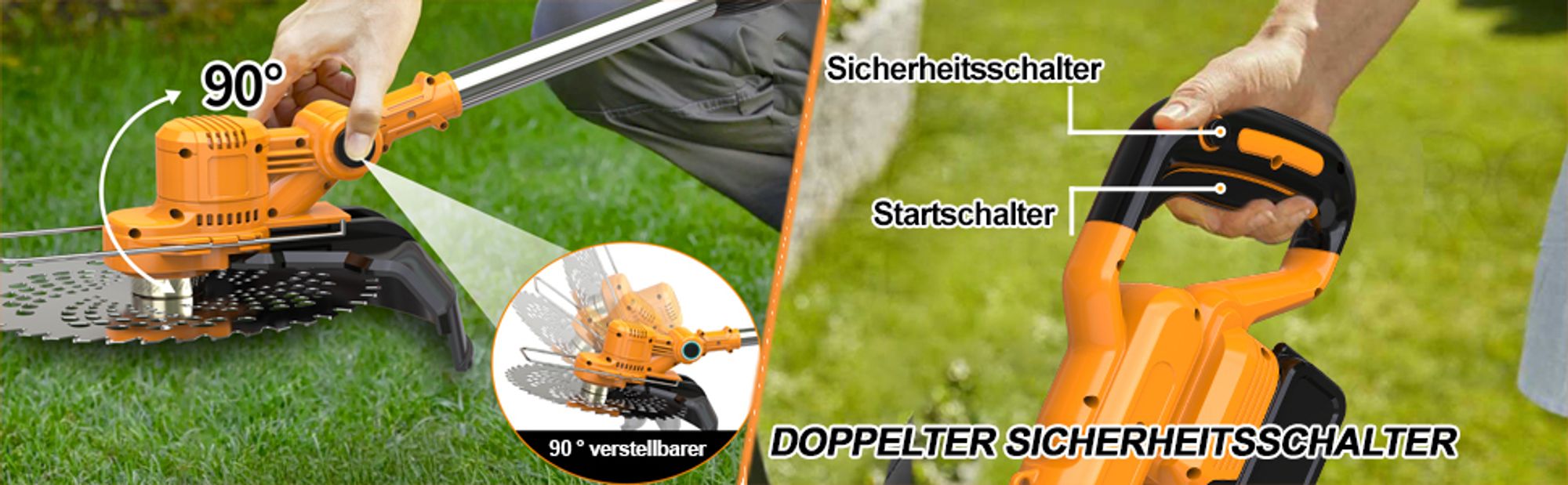 Akku Rasentrimmer mit 2× 4000mAh Akkus, 750W leistungsstarker Freischneider für Gartenarbeit, Rasentrimmer mit Unkrautbürste & Fugenbürste | Orange