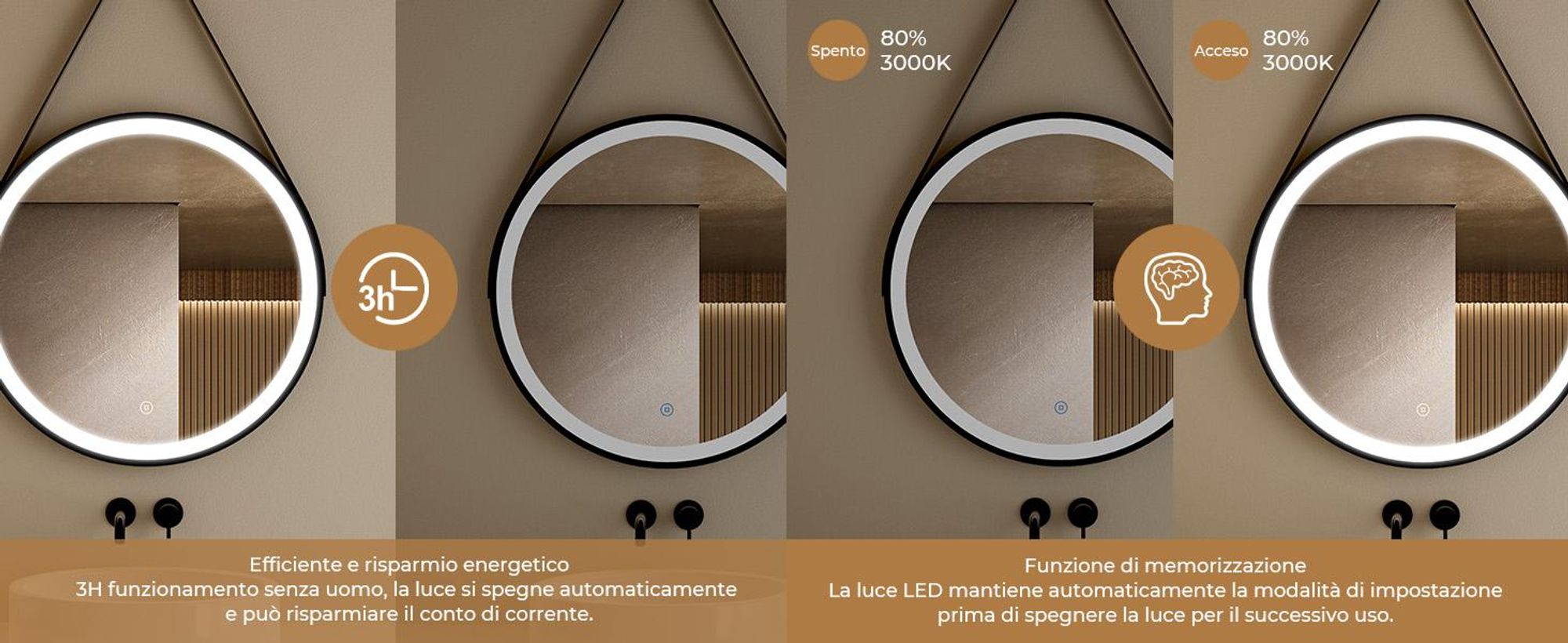 S'AFIELINA Specchio da bagno da 60 cm con illuminazione Specchio da bagno rotondo a LED con luce bianca fredda e tattile Cornice nera Cintura in pelle regolabile