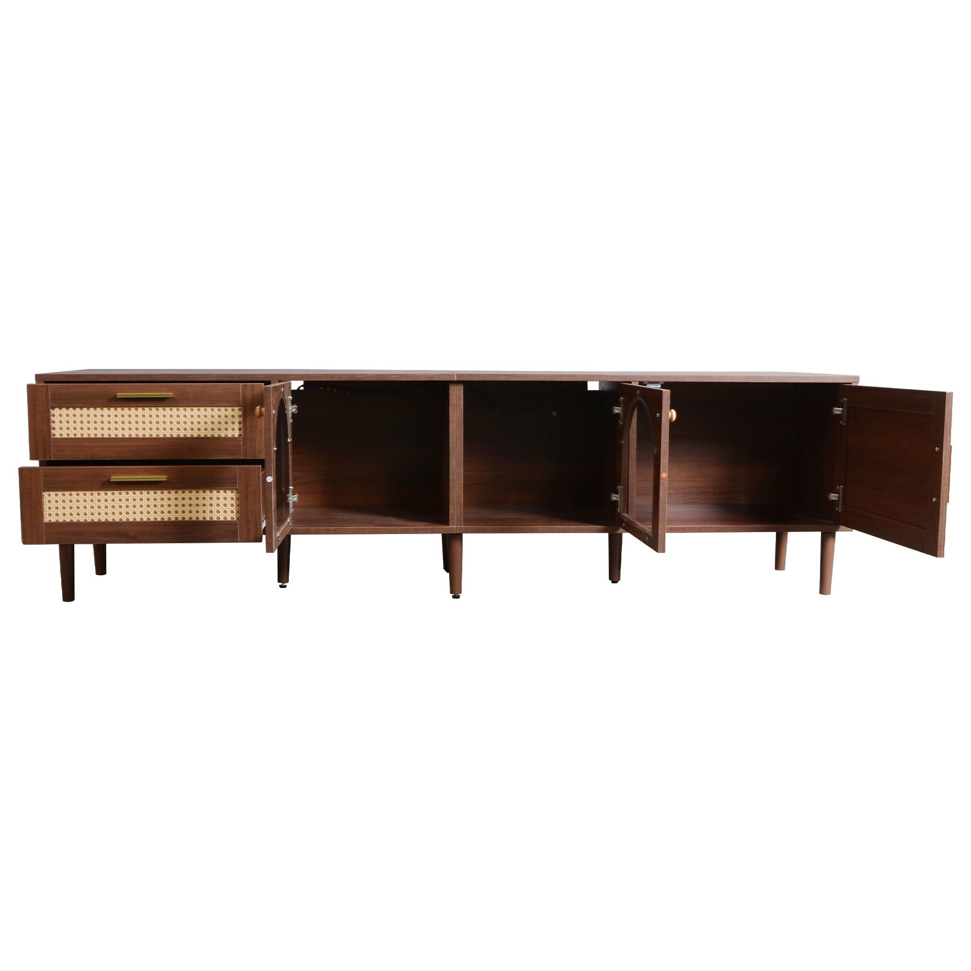 Merax TV-Schrank 180cm mit 2 Rattan-Schubladen, 2 Glastüren und 1 Rattan-Tür, TV-Lowboard für 80-Zoll Fernseher, TV-Möbel mit LED und Glas, Braun