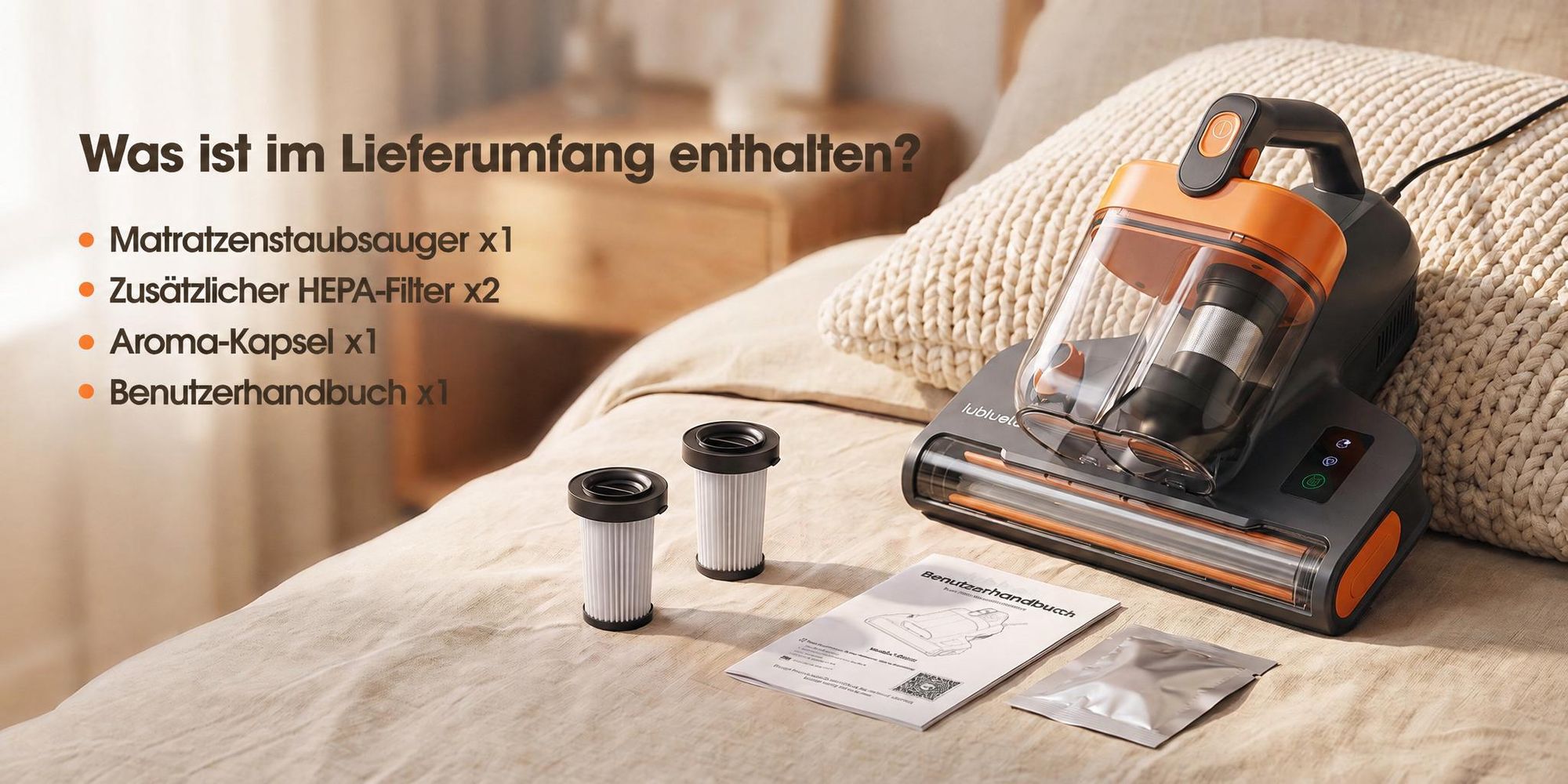 Lubluelu CM209 Milbensauger Handstaubsauger für Matratzen 16 kPa, 450 W LED-Staubsensor, 80 °C Warmluft, UV-C-Licht, 65.000 Schläge/min & HEPA-Filter