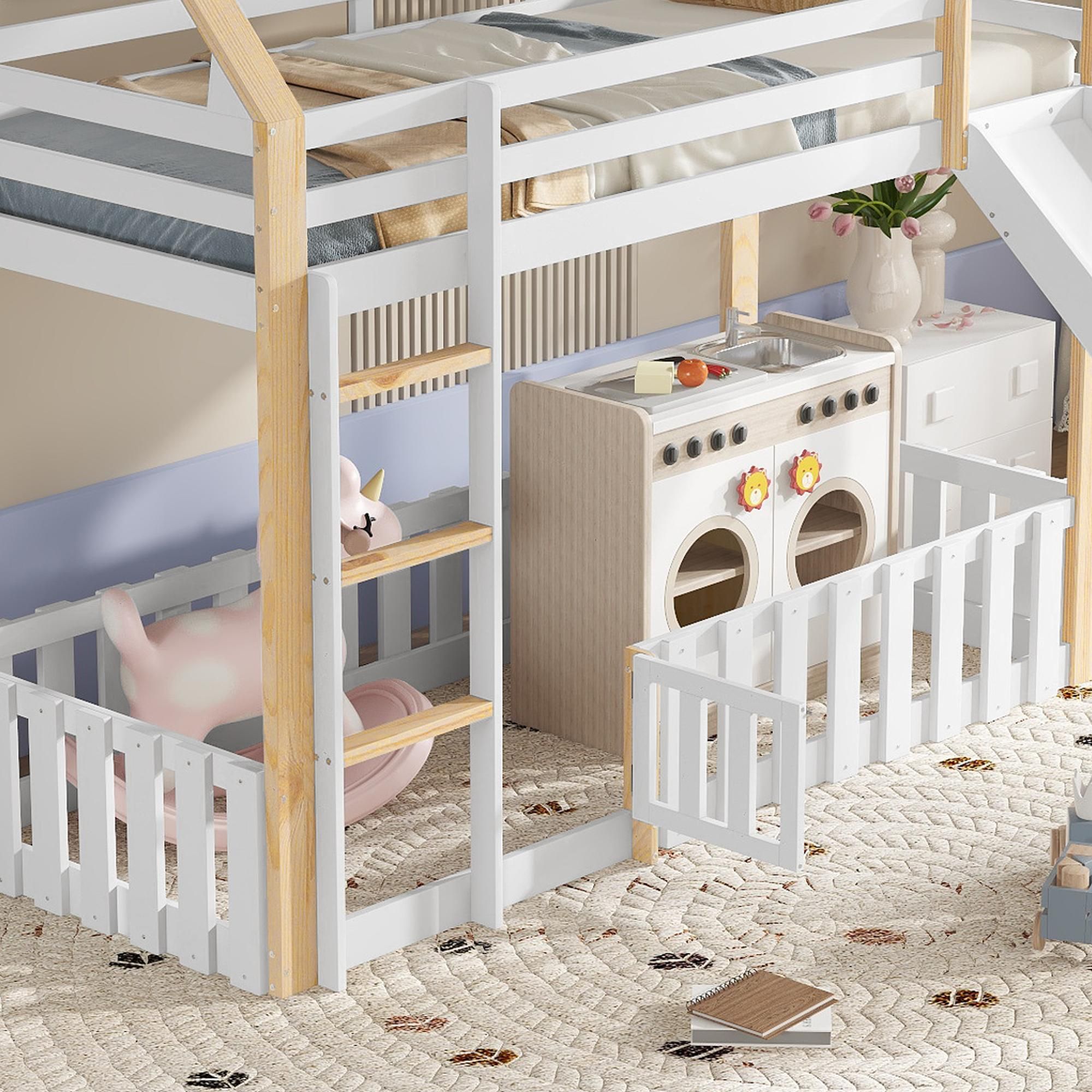 Flieks Etagenbett 90x200cm mit Rutsche, Kinderbett Hausbett mit Tür, Hochbett Einzelbett mit Rausfallschutz und Lattenrost, Stockbett Naturbelassen