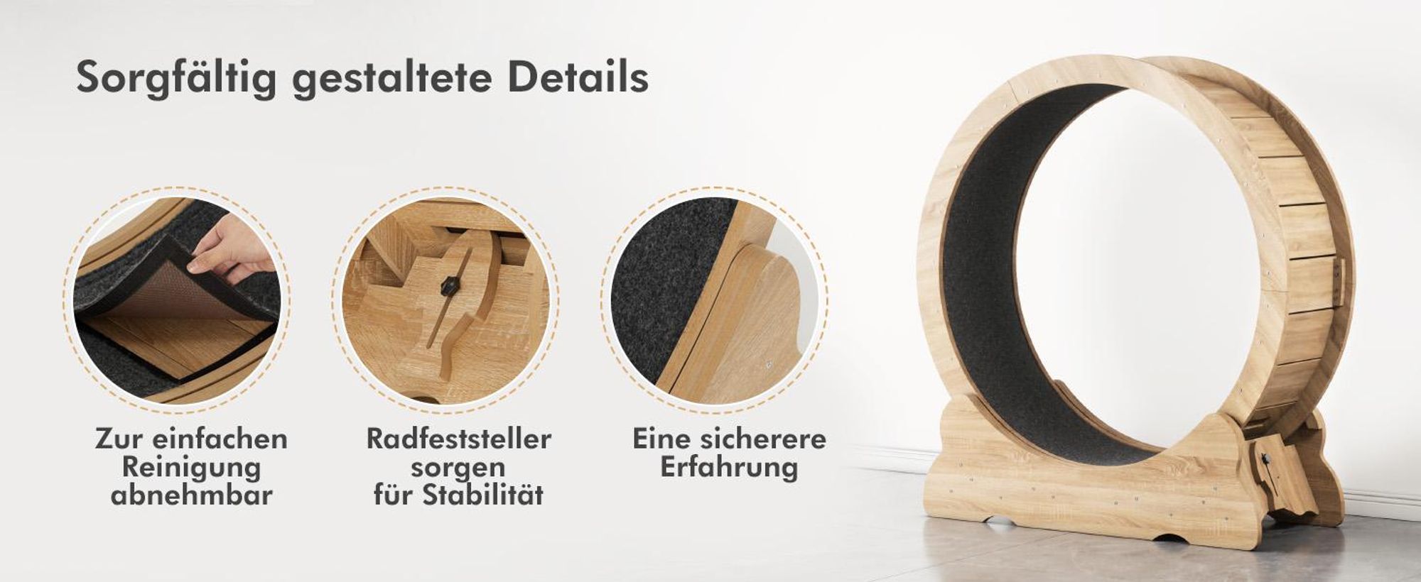 Mondeer Tier-Intelligenzspielzeug Laufband für Katzen,Innendurchmesser 80cm,Sicherheitsschloss-Design, Leises Scrollrad,90 x 97 x 36CM Naturholz