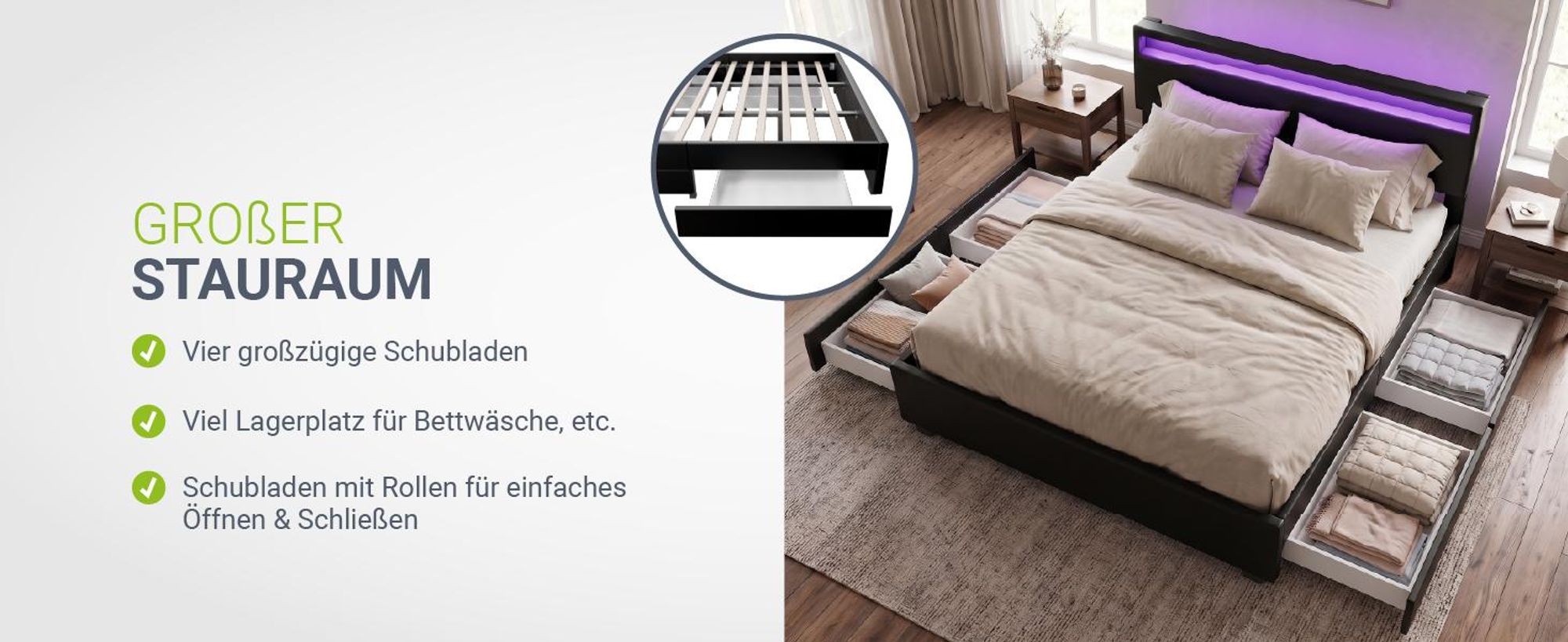 Juskys Polsterbett Lyon 180 x 200 cm schwarz – Bettgestell mit Lattenrost, Bettkasten & LED Beleuchtung – Kunstleder & Holz – Bett Doppelbett