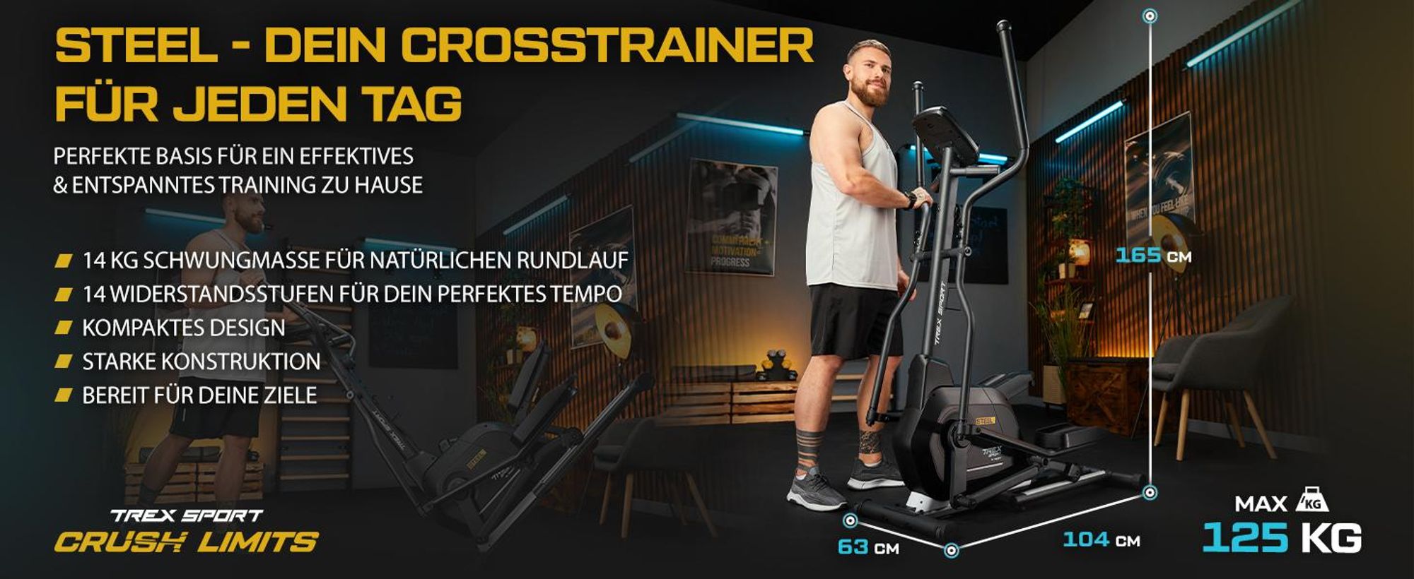 TREX SPORT Crosstrainer für zuhause TX-700CT STEEL | Ellipsentrainer, 14-stufiger Widerstand, Pulssensoren, Bluetooth | Trainingsprogramme, bis 125 kg