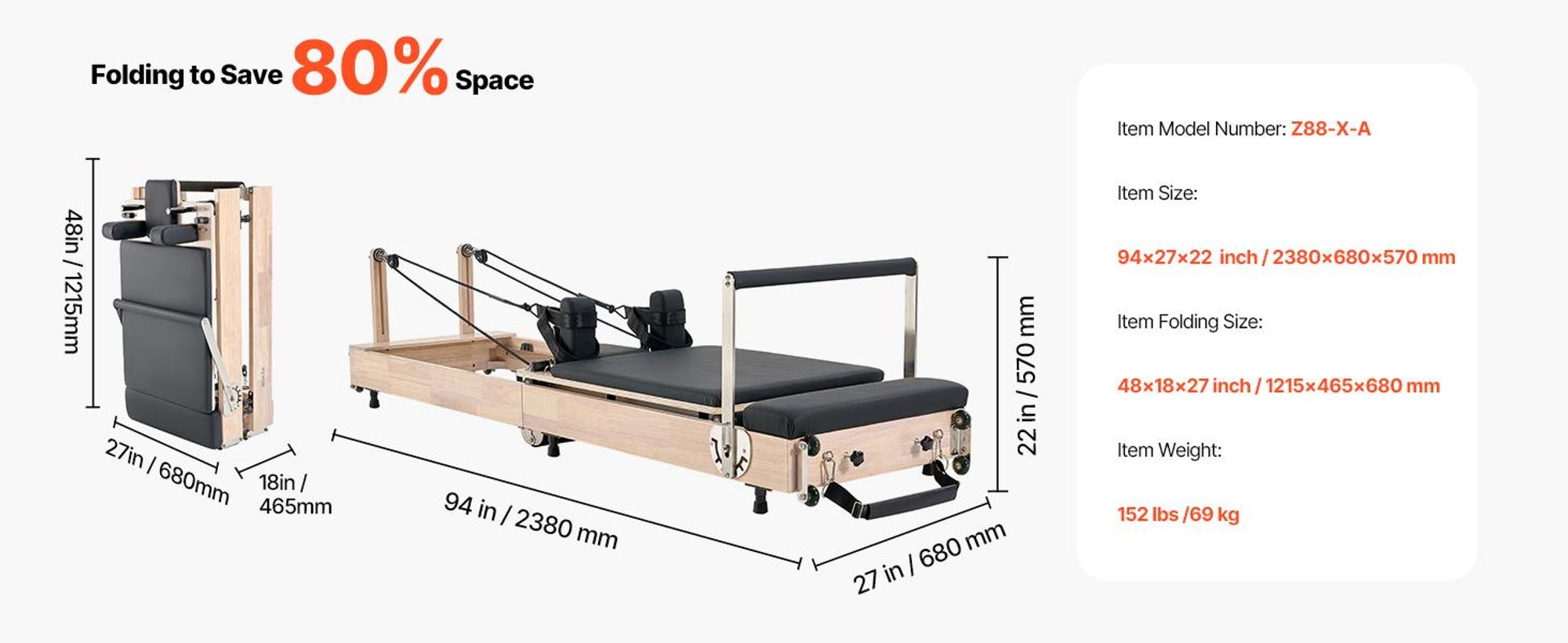 VEVOR Faltbarer Pilates-Reformer für das Heim-Fitnessstudio, Pilates-Bank mit doppeltem Widerstand – Federn und Seile, Gerätegewicht bis zu 181,44 kg