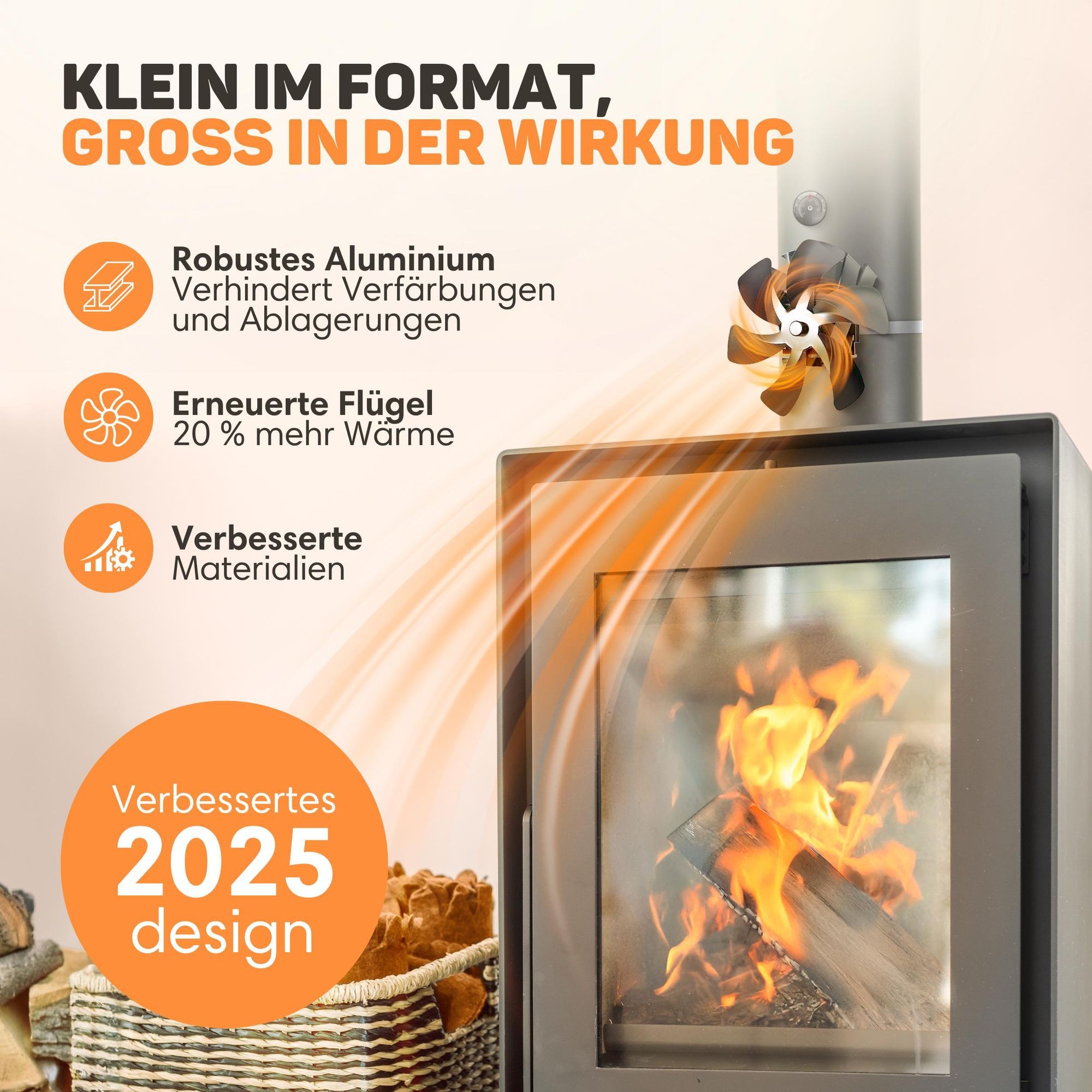 Vulpes Goods Heizungsventilator | Ventilator für Holzofen In freistehendem Design | Kaminventilator - schnelleres Aufheizen des Raumes / 6 Blätter