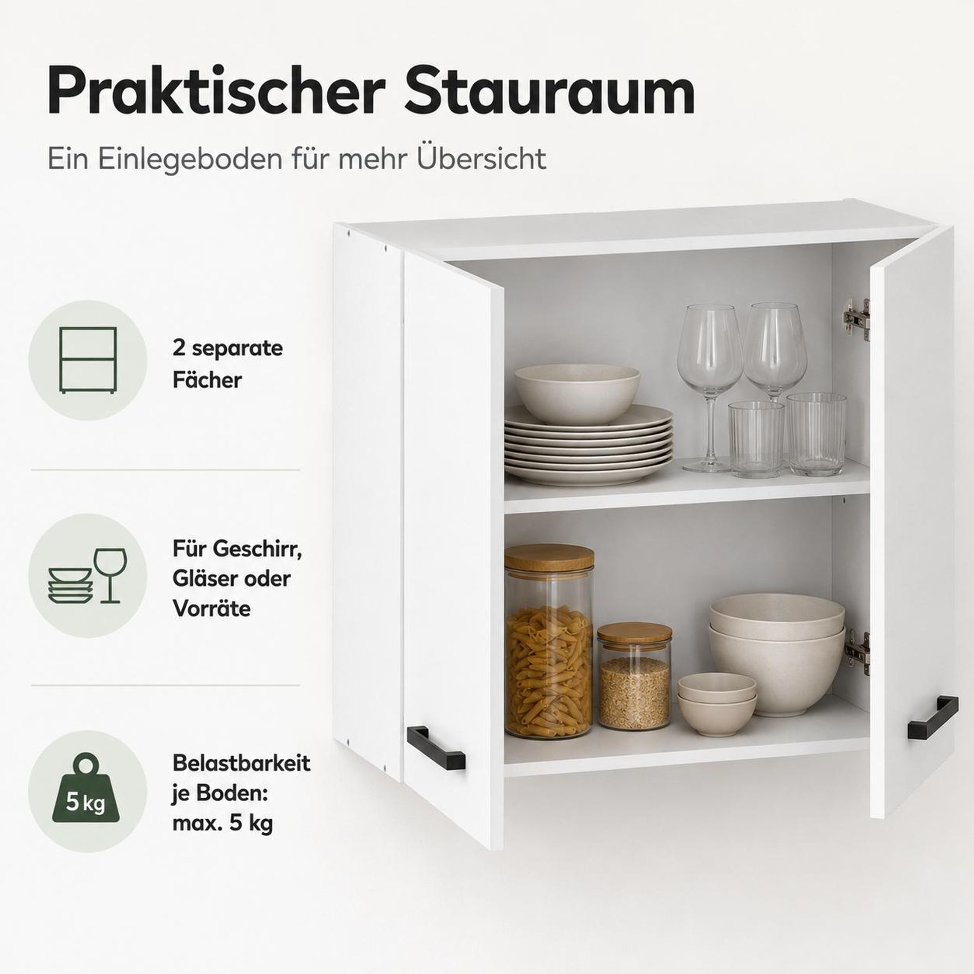 Offener Hängeschrank 80 cm Weiß Matt mit Geschirr. Stauraum auf zwei Ebenen.