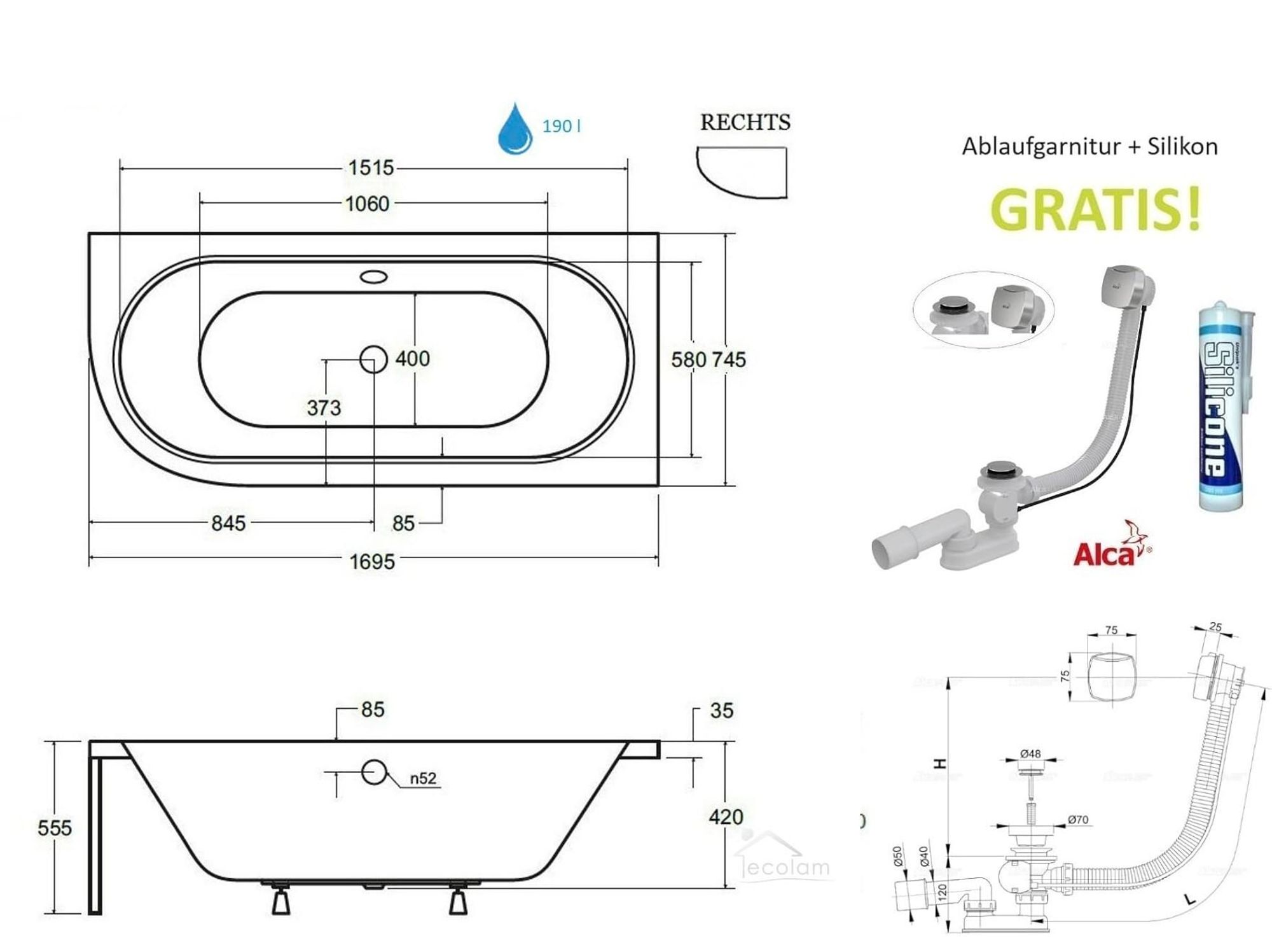ECOLAM Badewanne Eckbadewanne Eckwanne Rechteck Wanne Acryl Avita für Zwei 170x75 RECHTS Schürze Füße Silikon Ablaufgarnitur GRATIS