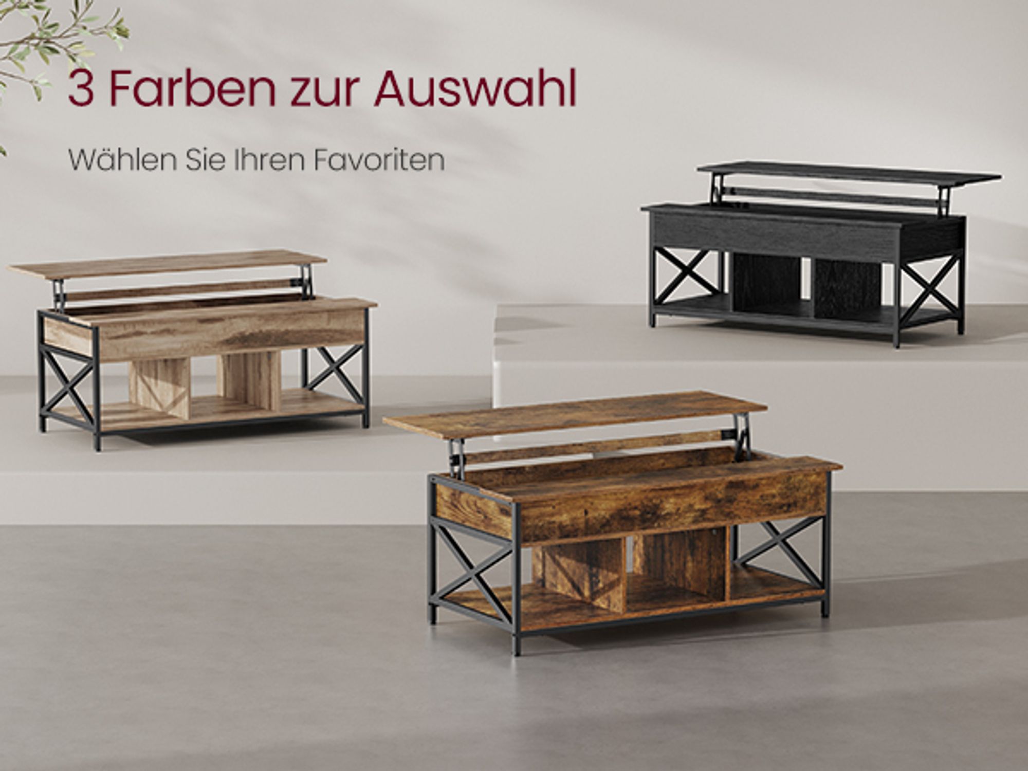 VASAGLE Couchtisch, höhenverstellbar, versteckter Stauraum, 60 x 120 x (48-62) cm