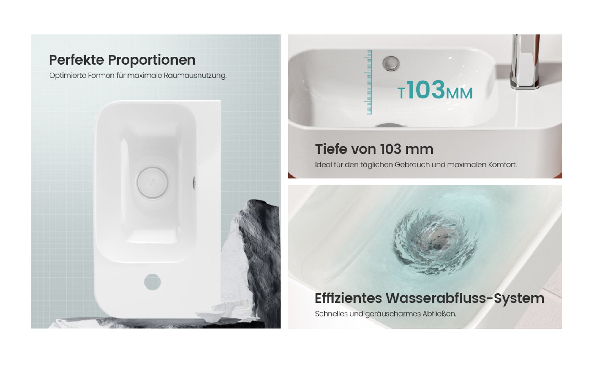 EMKE Hängewaschbecken Eckiges Waschbecken,Keramik Waschbecken,mit Hahnloch rechts, Glänzend,Weiß, 450*265*156 mm