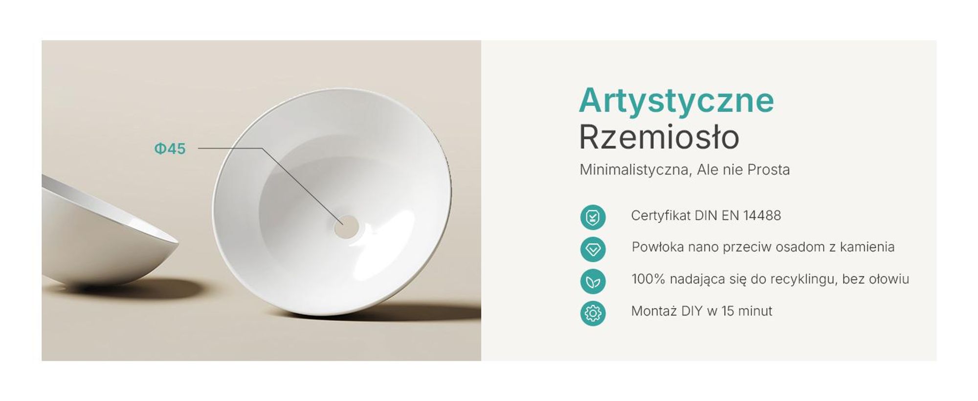 Umywalka nablatowa EMKE okrągła 415x415x155mm, umywalka ceramiczna w kolorze białym błyszczącym matowym, bez otworu na baterię i przelewu, ornes design do stylowych łazienek