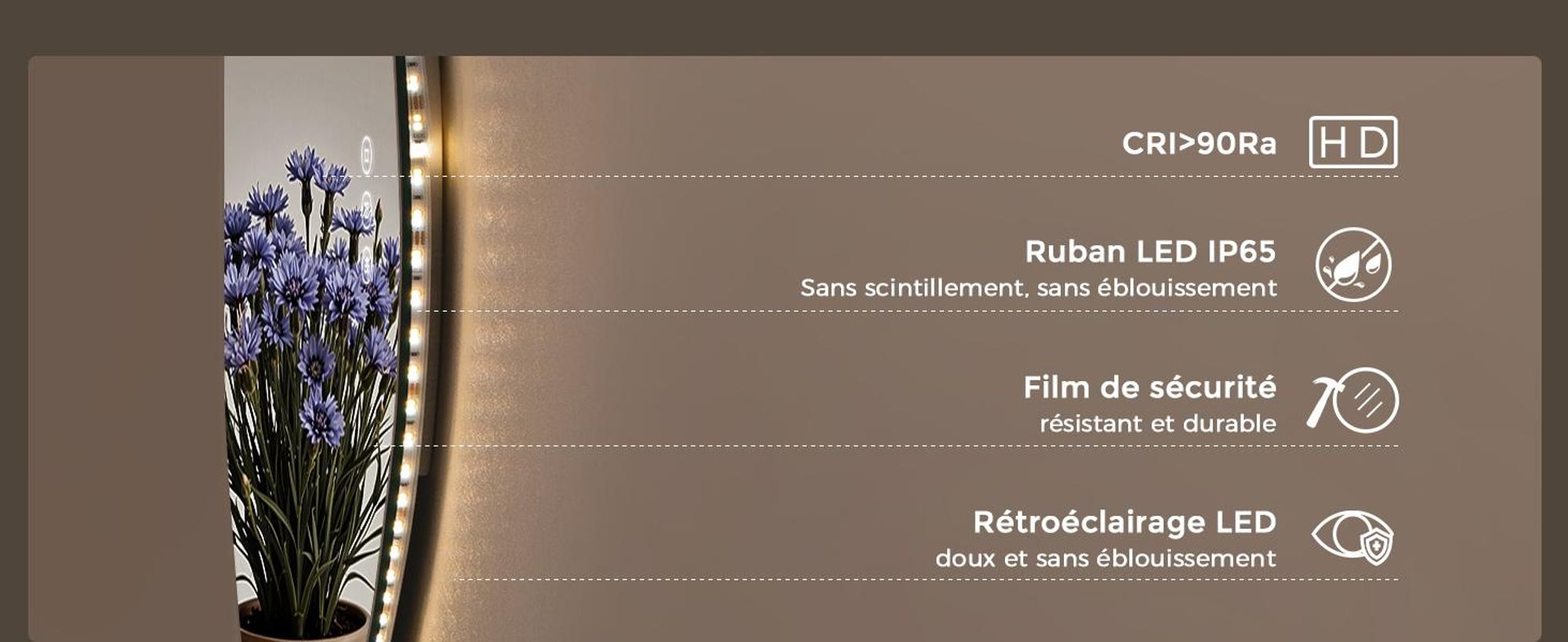 Miroir de salle de bain asymétrique AFIELINA avec éclairage LED, 60 x 70 cm, sans cadre, 3 couleurs de lumière, variateur d'intensité, anti-buée, fonction mémoire