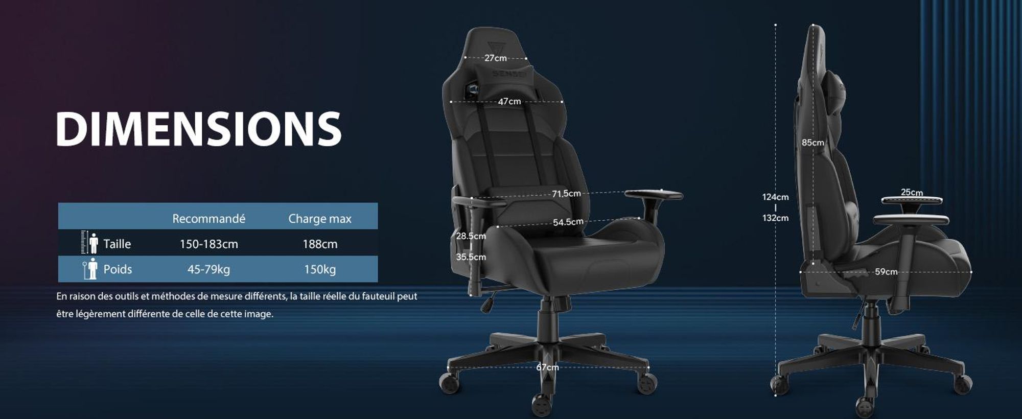 Fauteuil gaming SENSE7 Sentinel noir et gris - Fauteuil de bureau ergonomique, supportant jusqu'à 150 kg, accoudoirs 3D, fonction bascule, fauteuil de direction, fauteuil pour PC