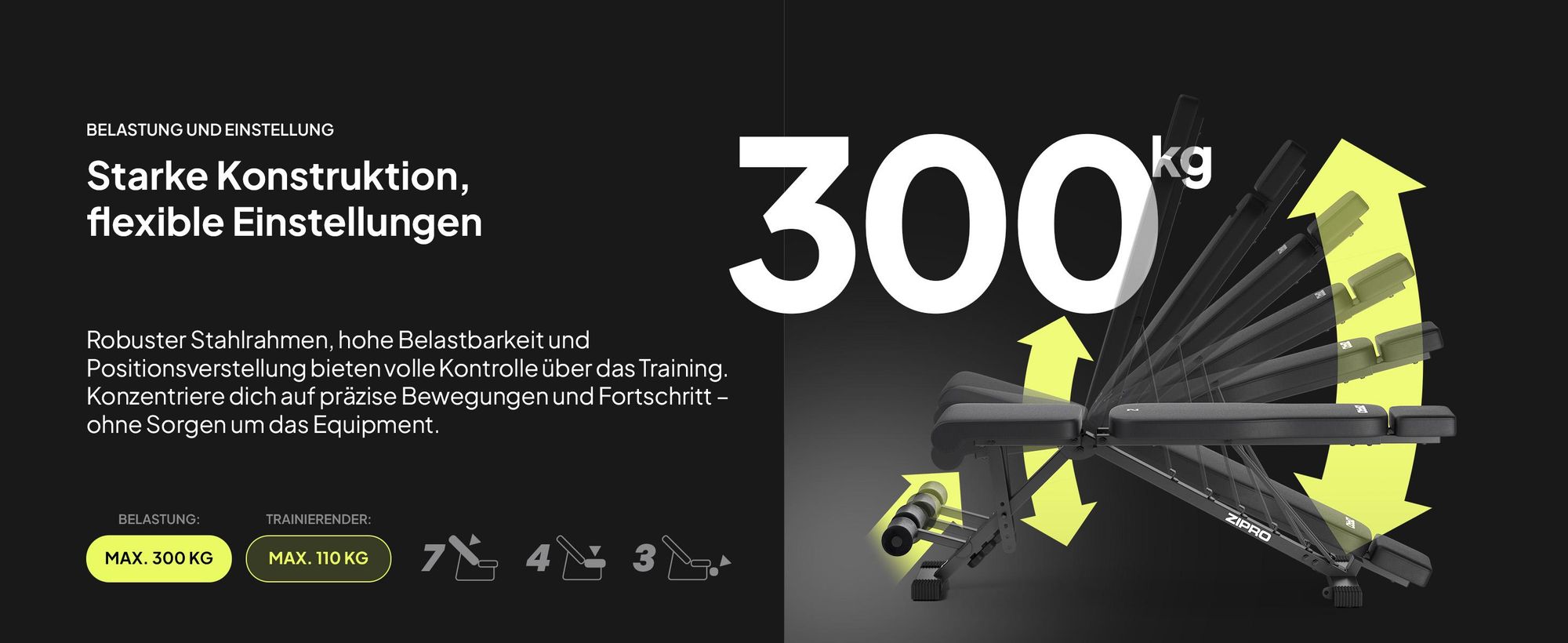 ZIPRO Grind Hantelbank Klappbar - Trainingsbank Verstellbar 300 kg Flachbank Schrägbank Negativbank Kraftstation Fitnessgerät für Zuhause