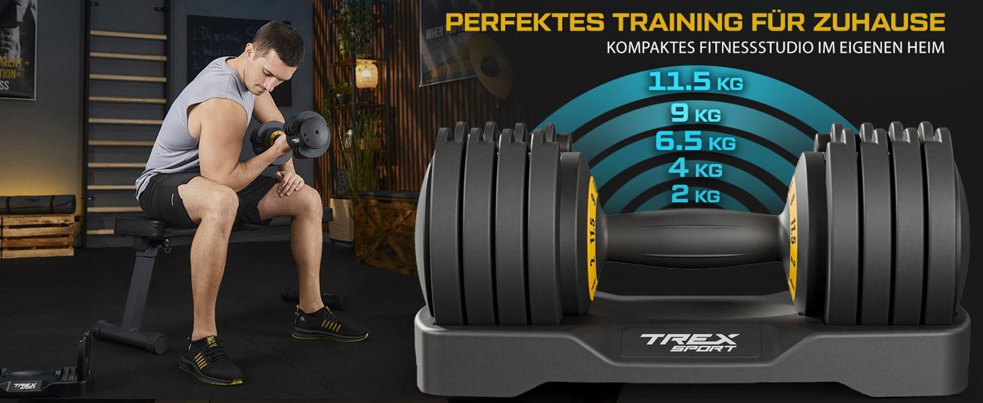 TREX SPORT Kurzhantel Set verstellbar TX-012AB | Gewichte Hanteln Set 2–11,5 kg | Gusseisen, platzsparend, rutschfest | Homegym Hantelset für Zuhause