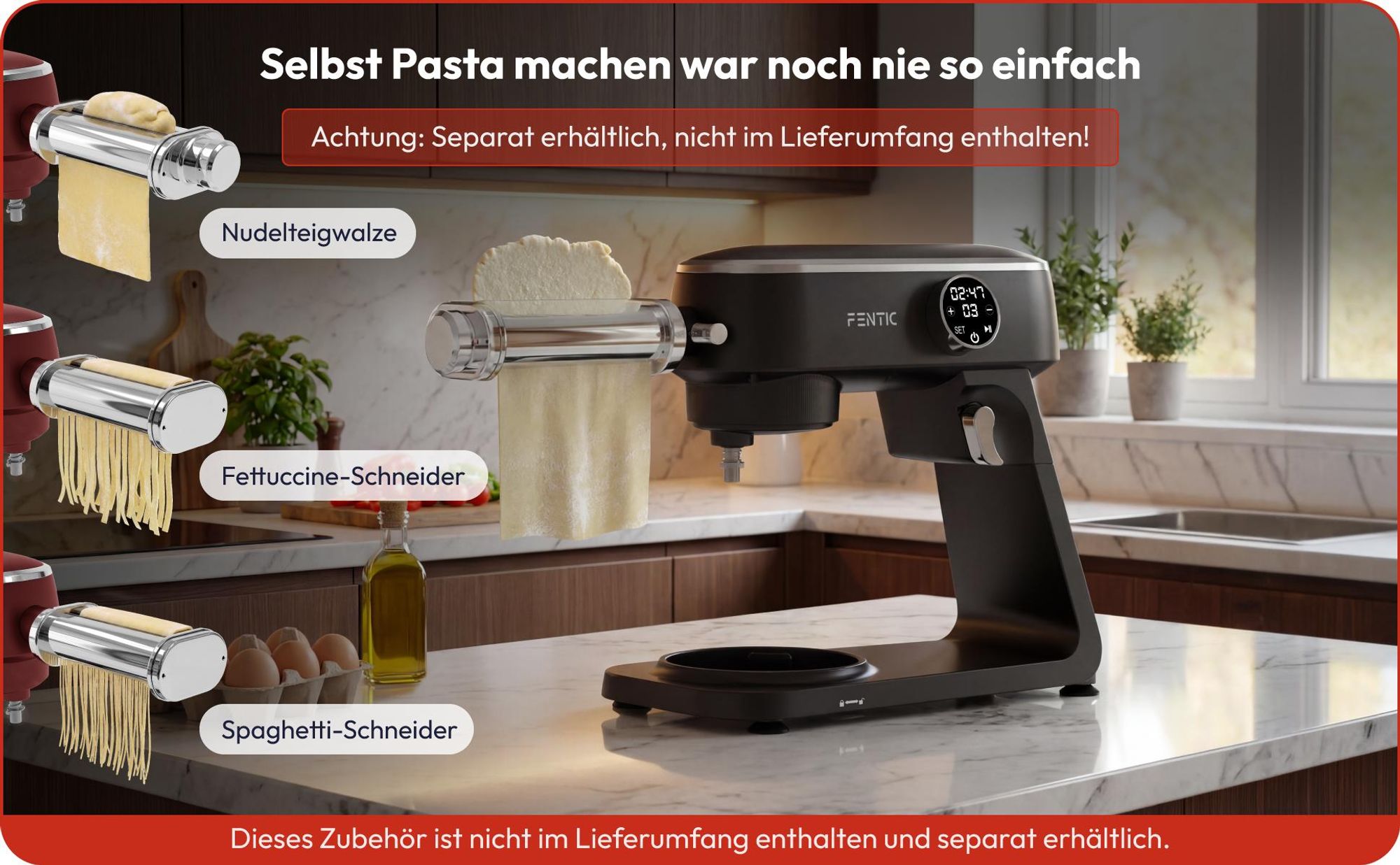 Fentic Küchenmaschine 1800W, 7L Edelstahl-Rührschüssel, Knetmaschine für Brotteig & Pizzateig, Planetenrührwerk, 10 Stufen Timer & Spritzschutz