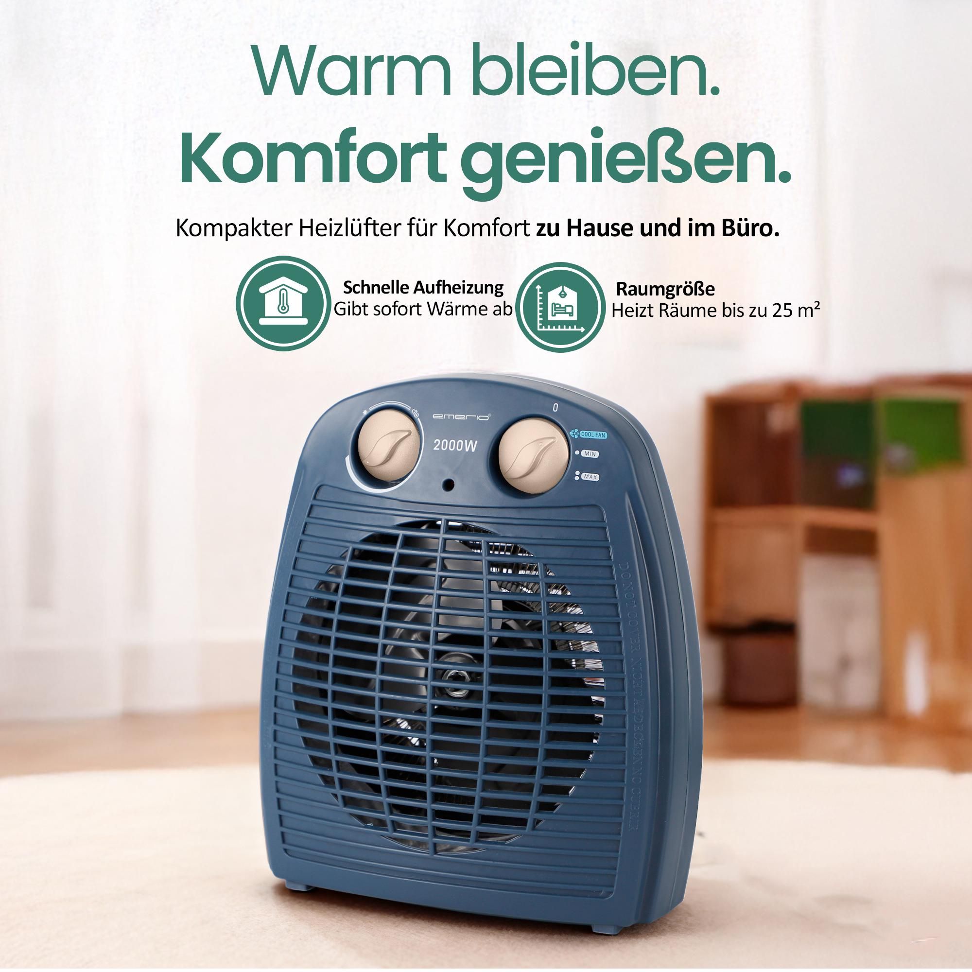 Emerio Heizlüfter FH-106737.12 – 25 m² – 2 Heizstufen – Ventilationsfunktion – einstellbarer Thermostat – Kontrollleuchte – Kippschutz – Blau