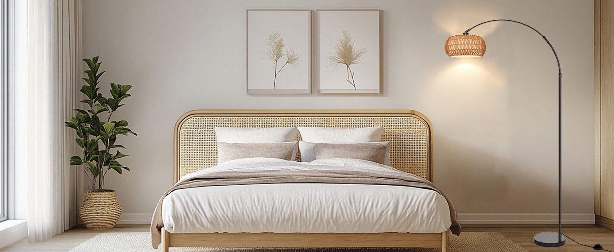 Rattan Stehlampe Boho Dimmbar Stehleuchte App-Steuerung Höhenverstellbar Standleuchte mit Fernbedienung für Schlafzimmer Wohnzimmer Büro
