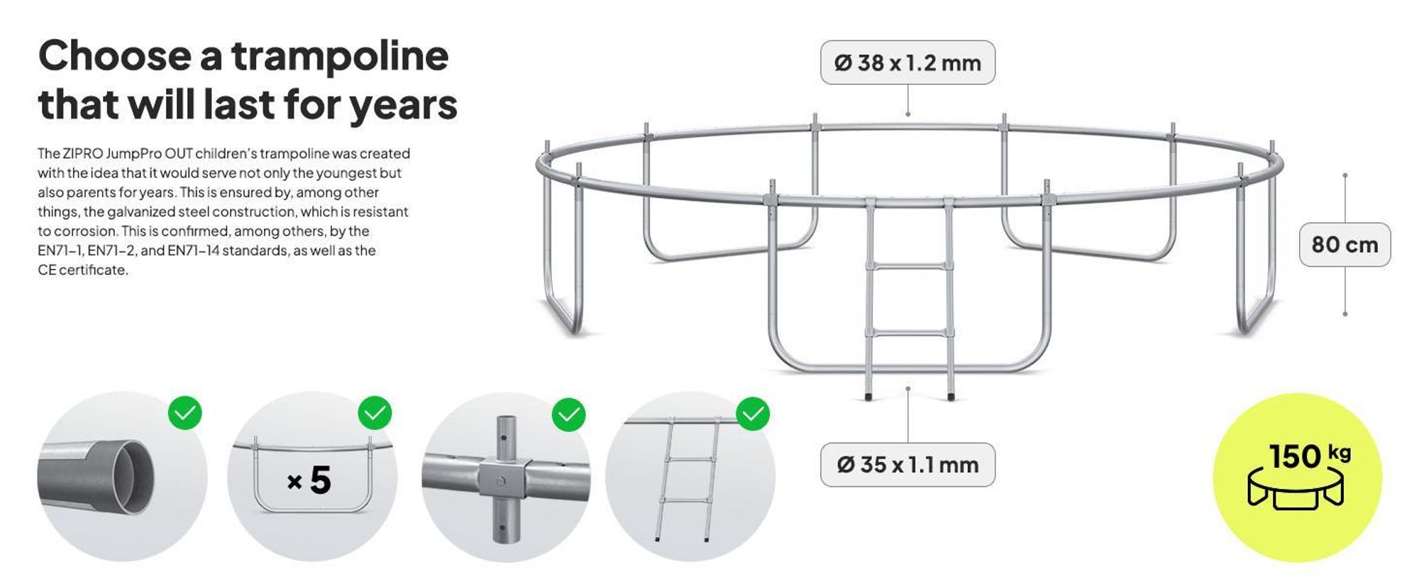 ZIPRO Trampolína Jump Pro Out | 12FT Ø 374 cm | Zahradní trampolína Dětská trampolína Kompletní sada včetně vnější sítě, žebříku a krytu okraje, venkovní, zelená