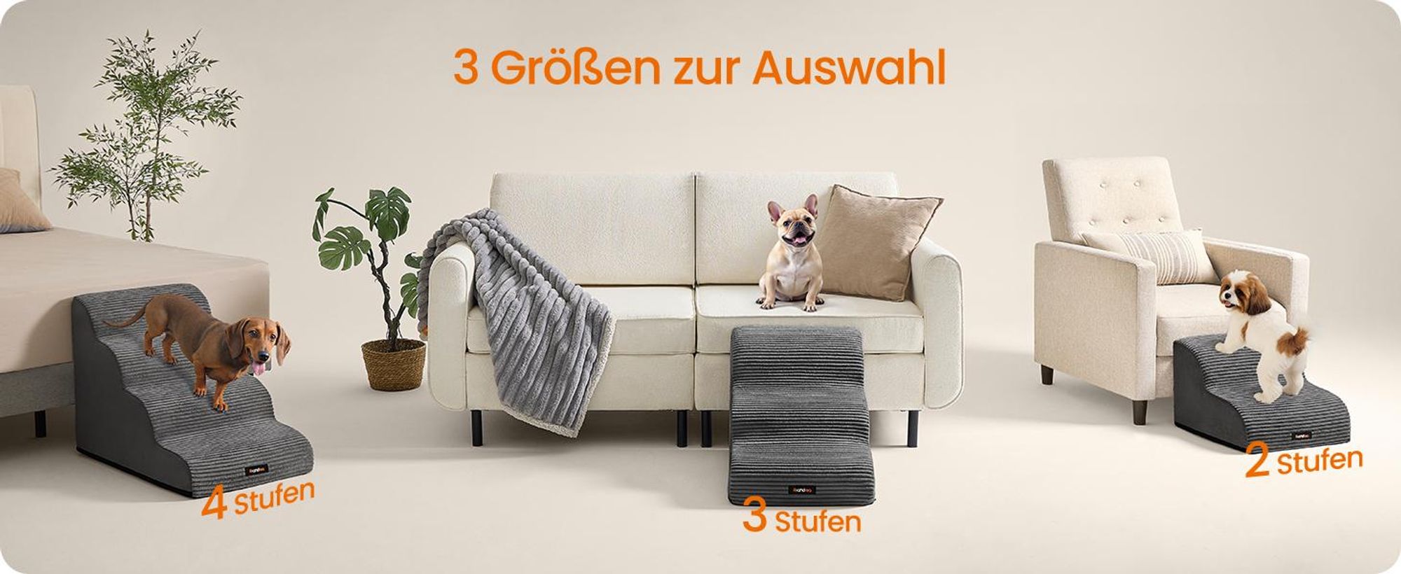 Feandrea Hundetreppe, 2 Stufen, Cord mit Querstreifen, Haustiertreppe, für Bett, Sofa, wasserdicht, rutschfest, geringe Neigung