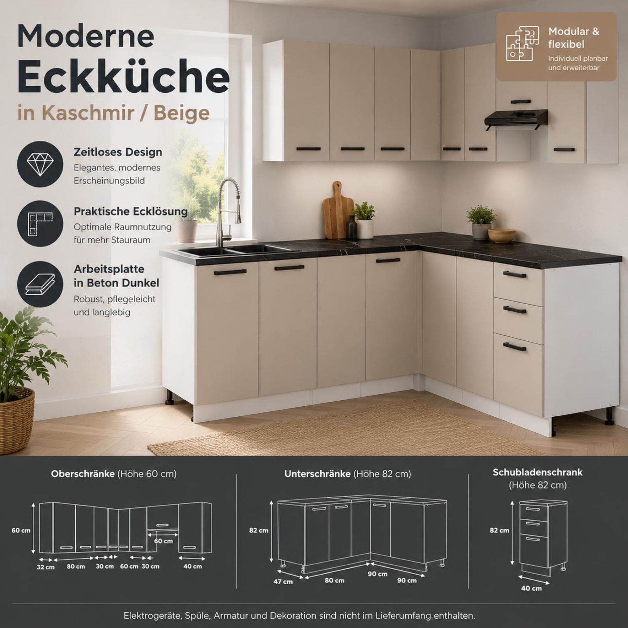 Moderne Eckküche in Kaschmir Beige mit dunkler Arbeitsplatte und schwarzen Griffen