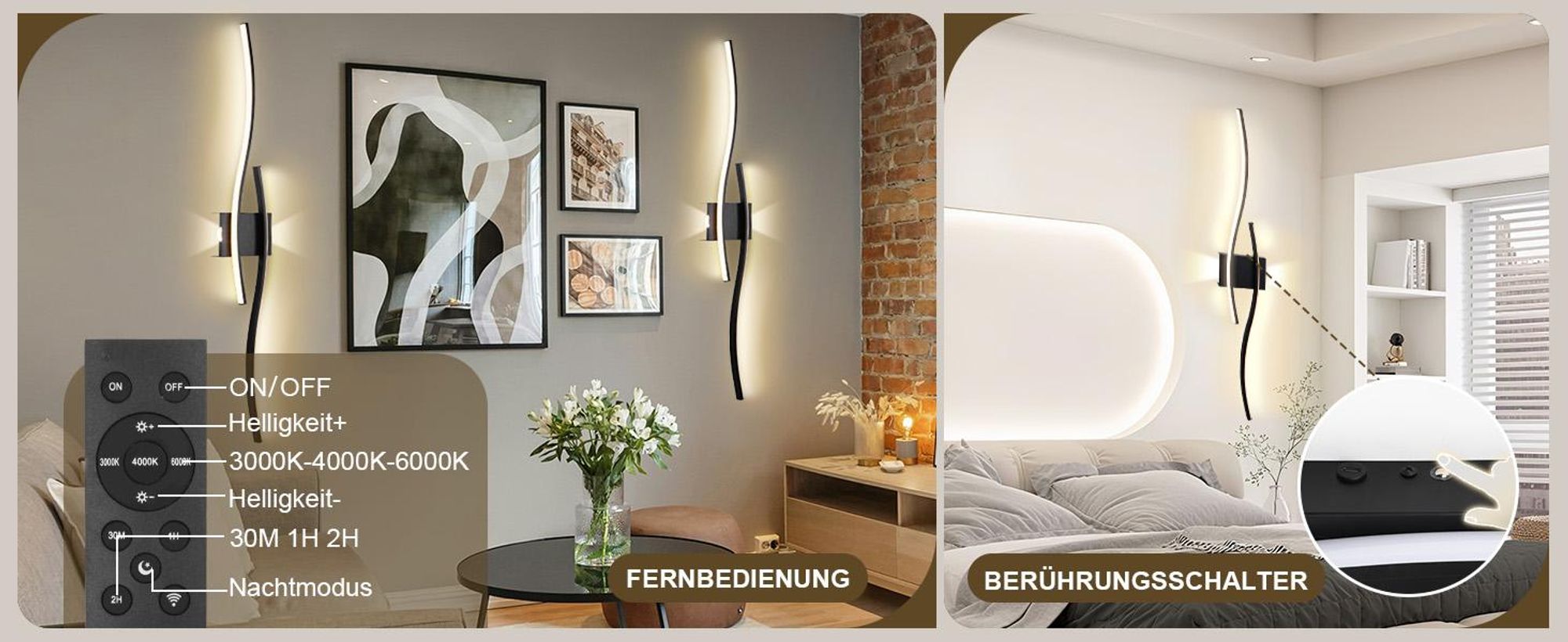 2 Stück LED Wandleuchte Innen Modern Dimmbar 3 Farbtemperaturen Wiederaufladbar Wandlampe mit Fernbedienung