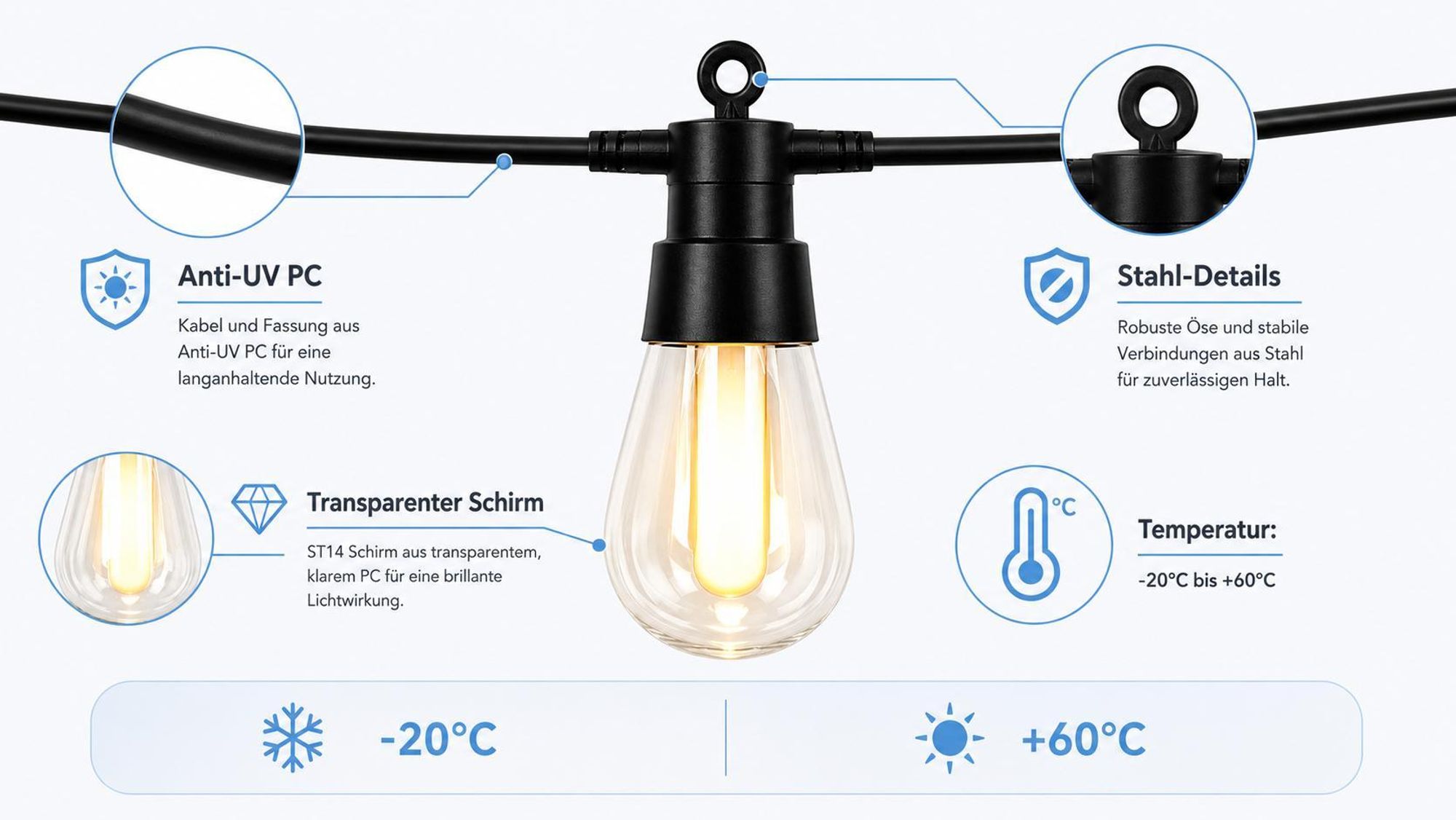 MasterLED LED Lichterkette Außen 6,5m 10x ST14 24V Flammen-Effekt 2700K IP44