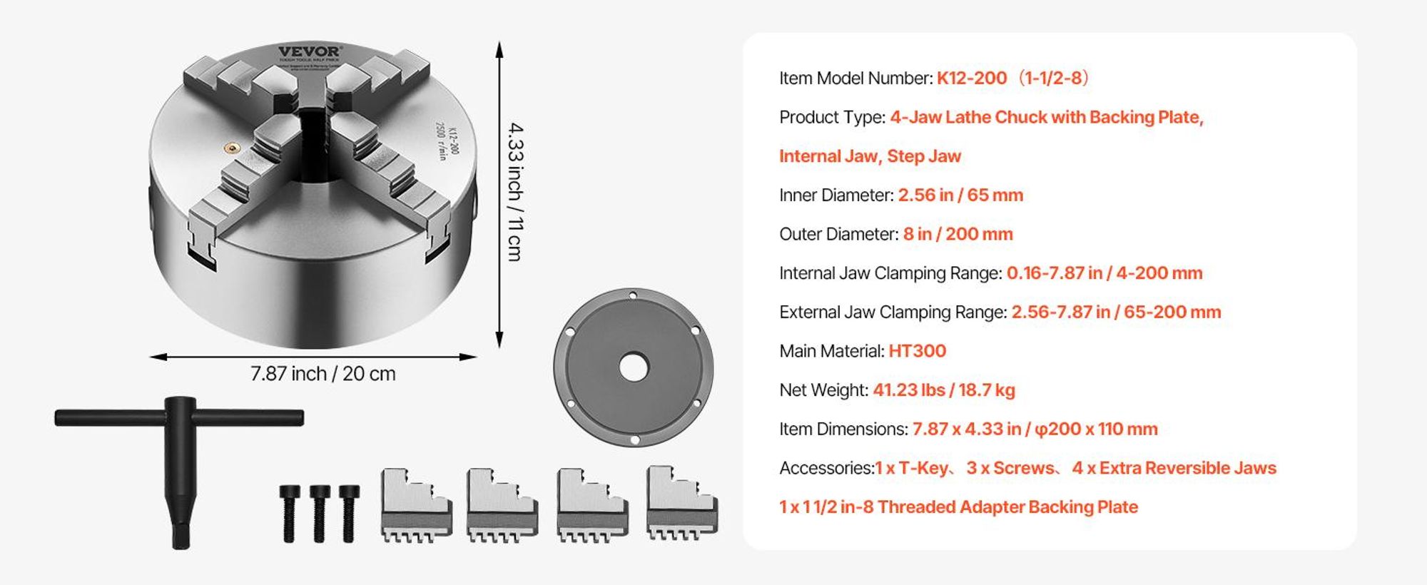VEVOR 3-Backen-Drehfutter, 6 Zoll (160 mm), selbstzentrierendes Futter mit 1 1/2 in-8 Gewindeträgerplatte, 0,12-5,71 Zoll (3-145 mm) Spannbereich mit T-Schrauben, HT300 Material, für Holz- und Metall-Drehmaschinen, 4-Futter, 200 mm-a