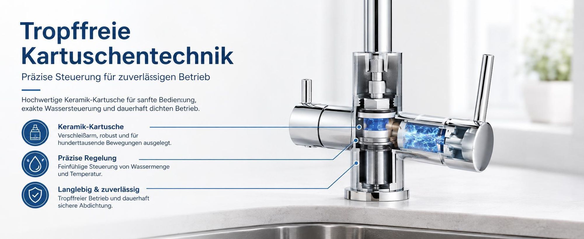 3-Wege Wasserhahn mit Filter, 360° drehbare Küchenarmatur, Kalt-Warm-Trinkwasser, Doppelhebel, 2 Sprühmodi, Edelstahl