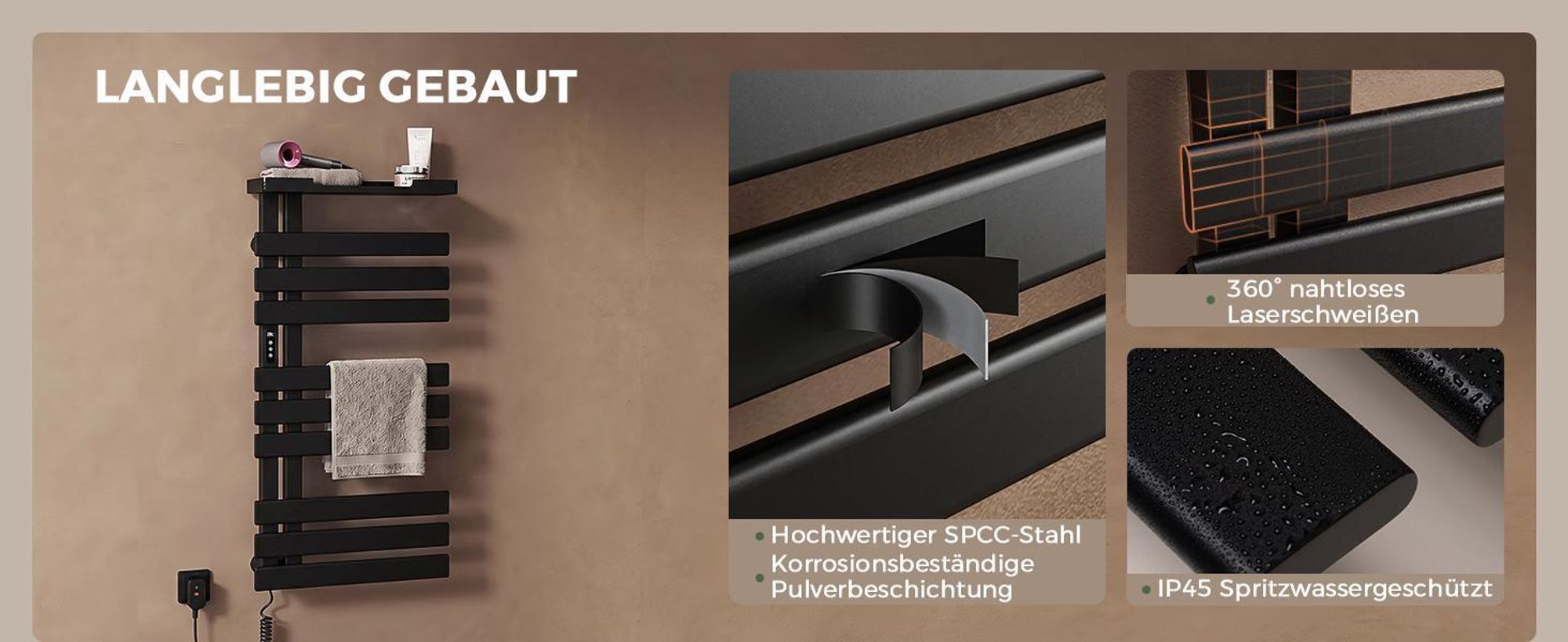 S'AFIELINA Handtuchheizkörper elektrisch mit Ablage 1050×500mm 335W Schwarz,Smart Handtuchwärmer mit WLAN-App, Carbonfaser-Heizung, 6 Heizmodi