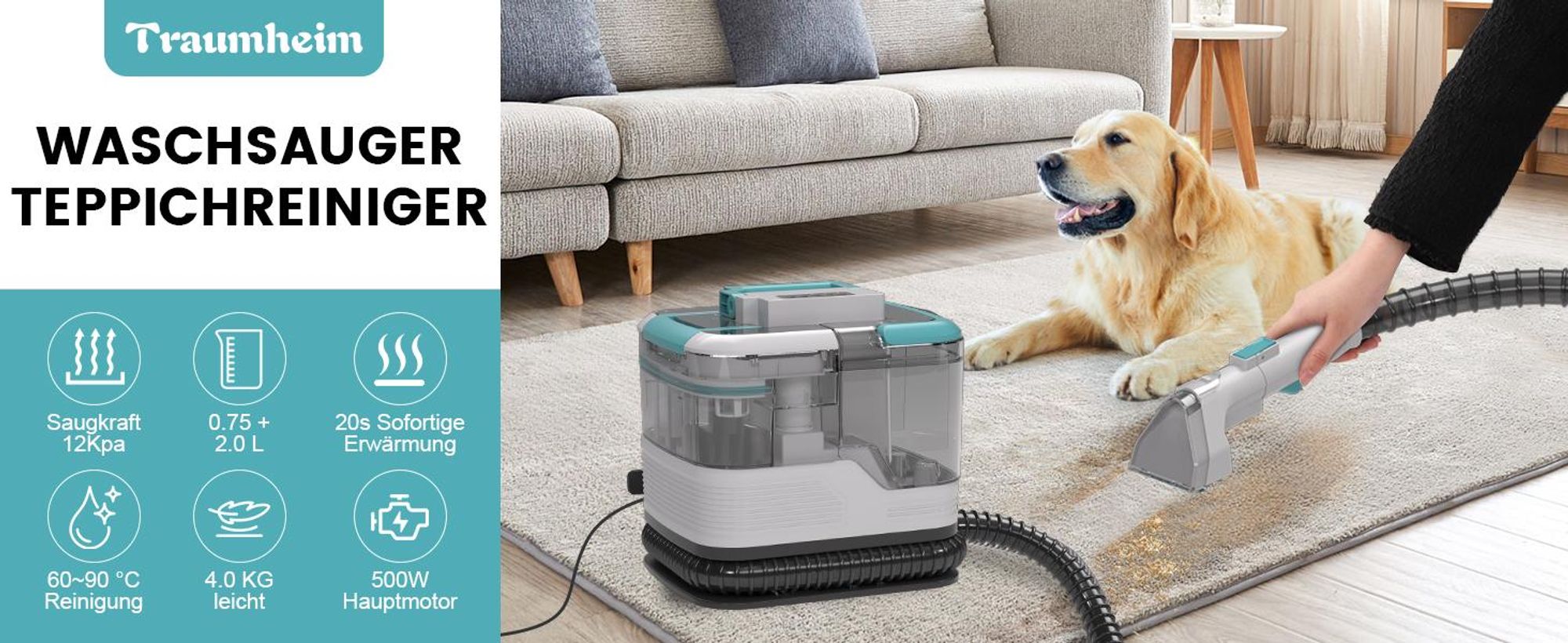 4-in-1 Waschsauger mit Power-Dampf für hygienische Reinigung: 12000Pa Saugkraft, Doppeltank & Touchscreen. Ideal für Auto, Sofa & Haustiere