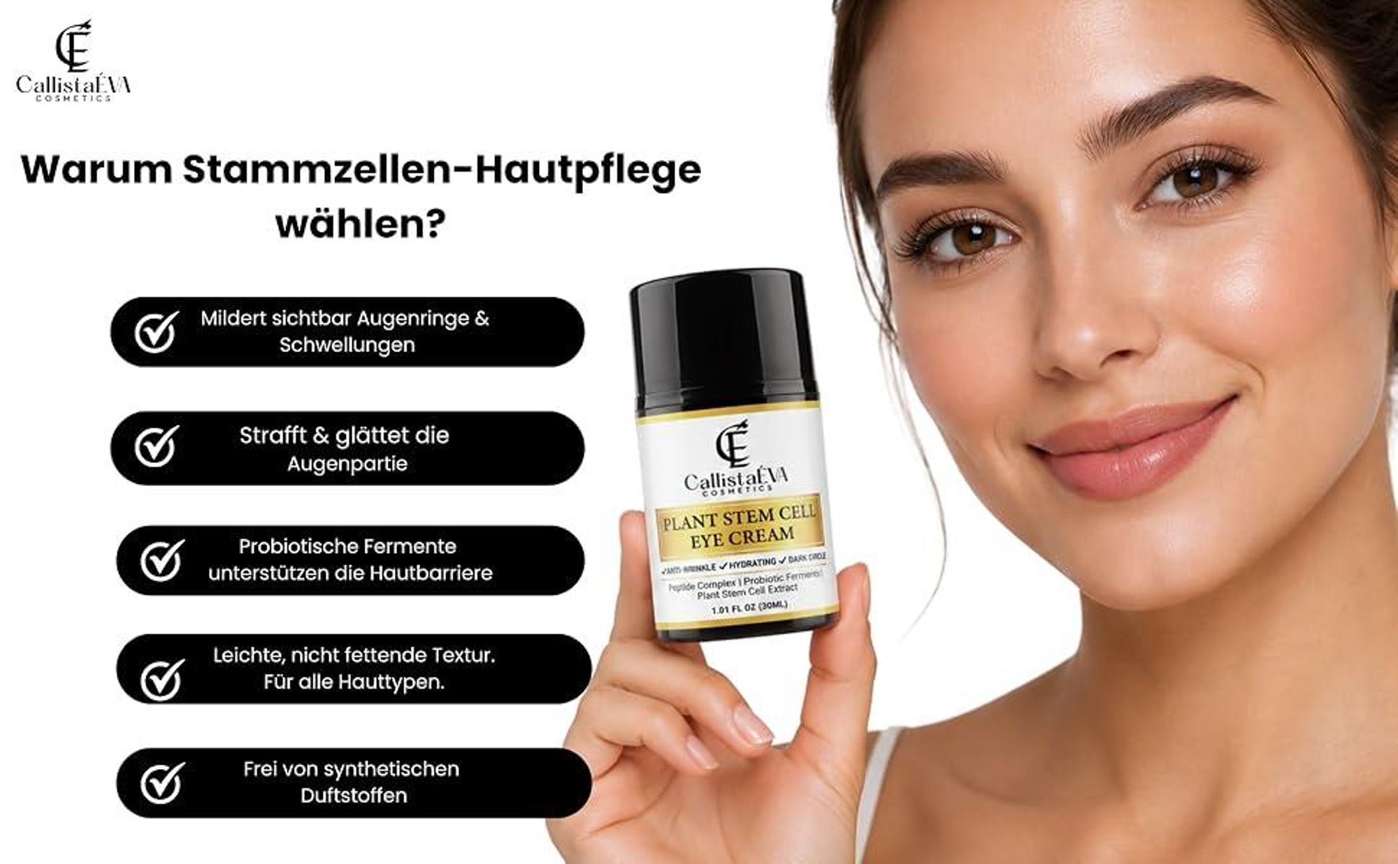 CallistaÉVA Stammzellen Augencreme – Anti-Aging gegen Augenringe, Schwellungen & Falten – Mit Peptiden, Hyaluron, Alle Haupttypen– 30ml