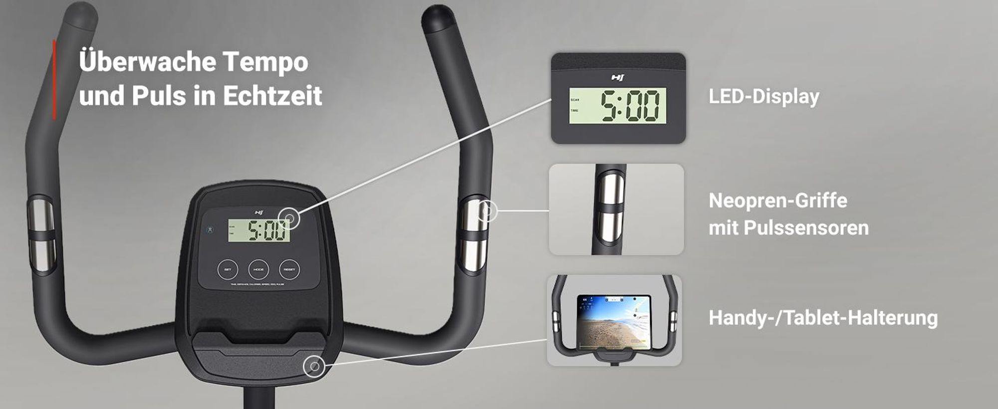 Hop-Sport Heimtrainer HS-3000H Hometrainer Fahrrad mit Magnetwiderstand, LCD-Display, Bluetooth & Kinomap, Pulsmessung, bis 120 kg belastbar, Schwarz